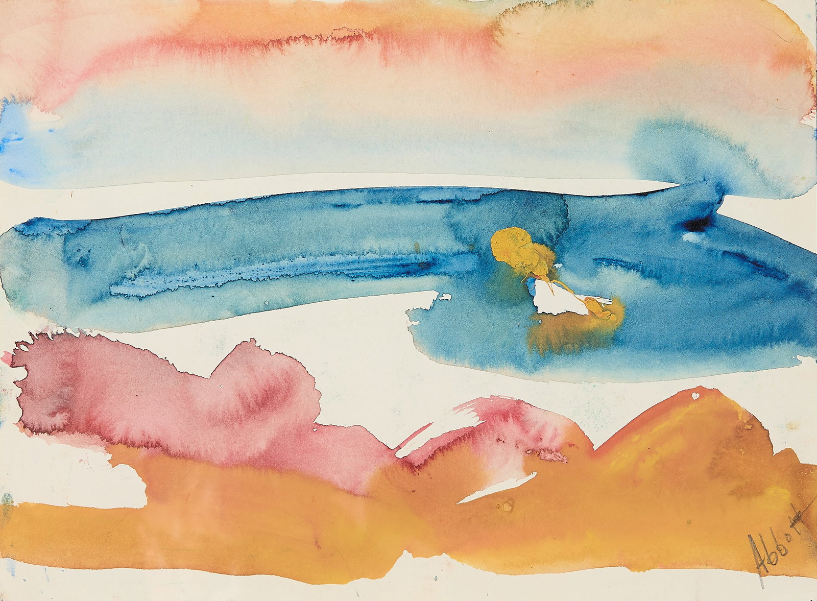 Mary Abbott AbEx Landscape Watercolor Painting: Mary Lee Abbott (American, 1921-2019). Abstract expressionist watercolor on paper painting depicting a seascape. Pencil signed along the lower right. As a key female figure of the mid-century New