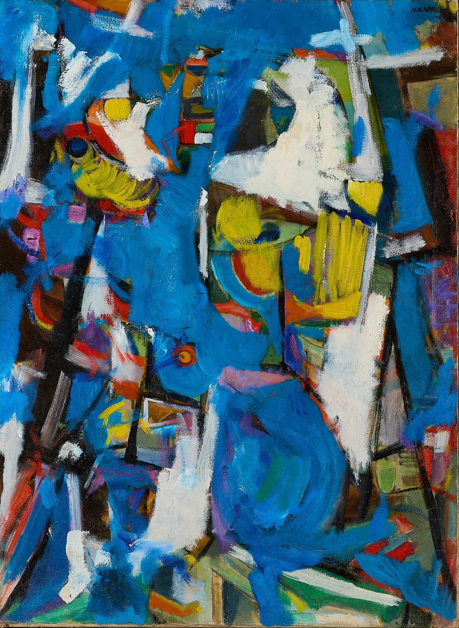Hugh Kappel Abstract Oil on Canvas Painting 1948: Hugh Kappel (American, 1910-1982). Oil on canvas painting depicting an abstract composition, 1948. Signed and dated along the upper right corner. With a Hiro Fine Art label affixed to the verso.
