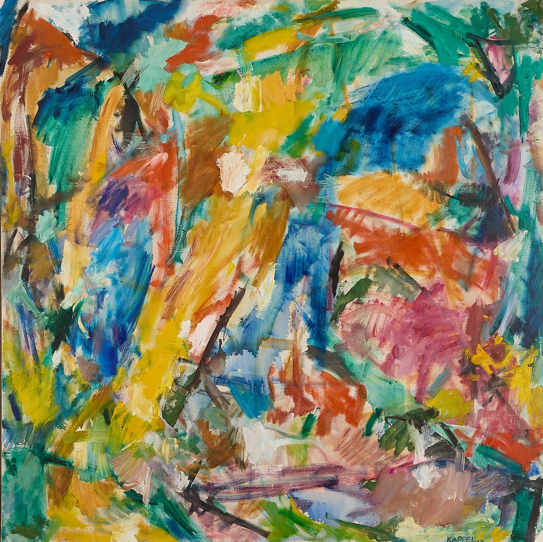 Large Hugh Kappel Abstract Oil on Canvas Painting: Hugh Kappel (American, 1910-1982). Large abstract oil on canvas painting titled "In the Park," 1960. Signed and dated along the lower right. Further signed and dated along the verso. With ink-stamp
