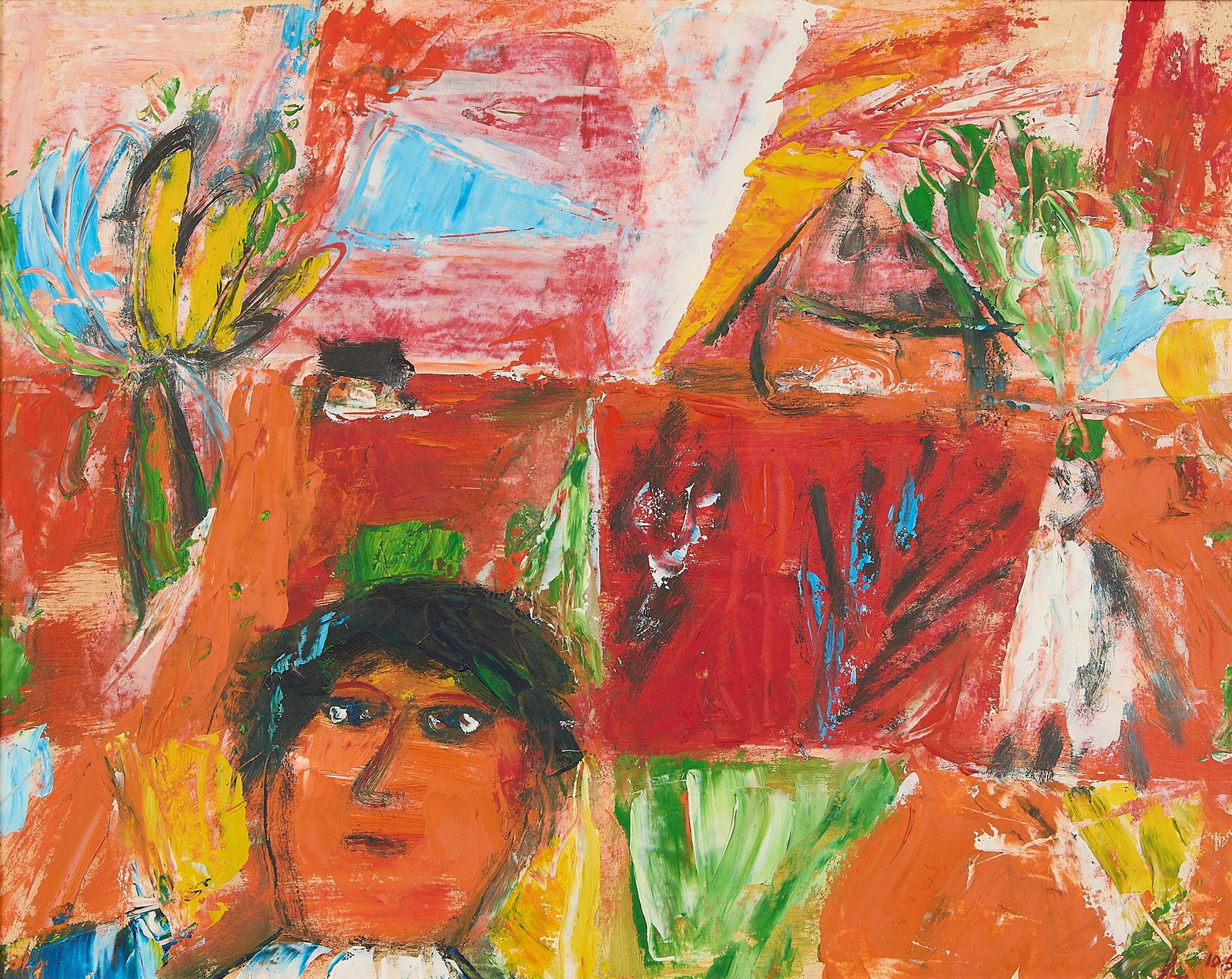 Eugene Brands "Woman in Park" Oil & Gouache 1959: Eugene Brands (Dutch, 1913-2002). Oil and gouache on paper titled "Woman in Park," 1959. Depicting a vibrant abstract scene with a blend of geometric and foliate forms, the visage of a woman along