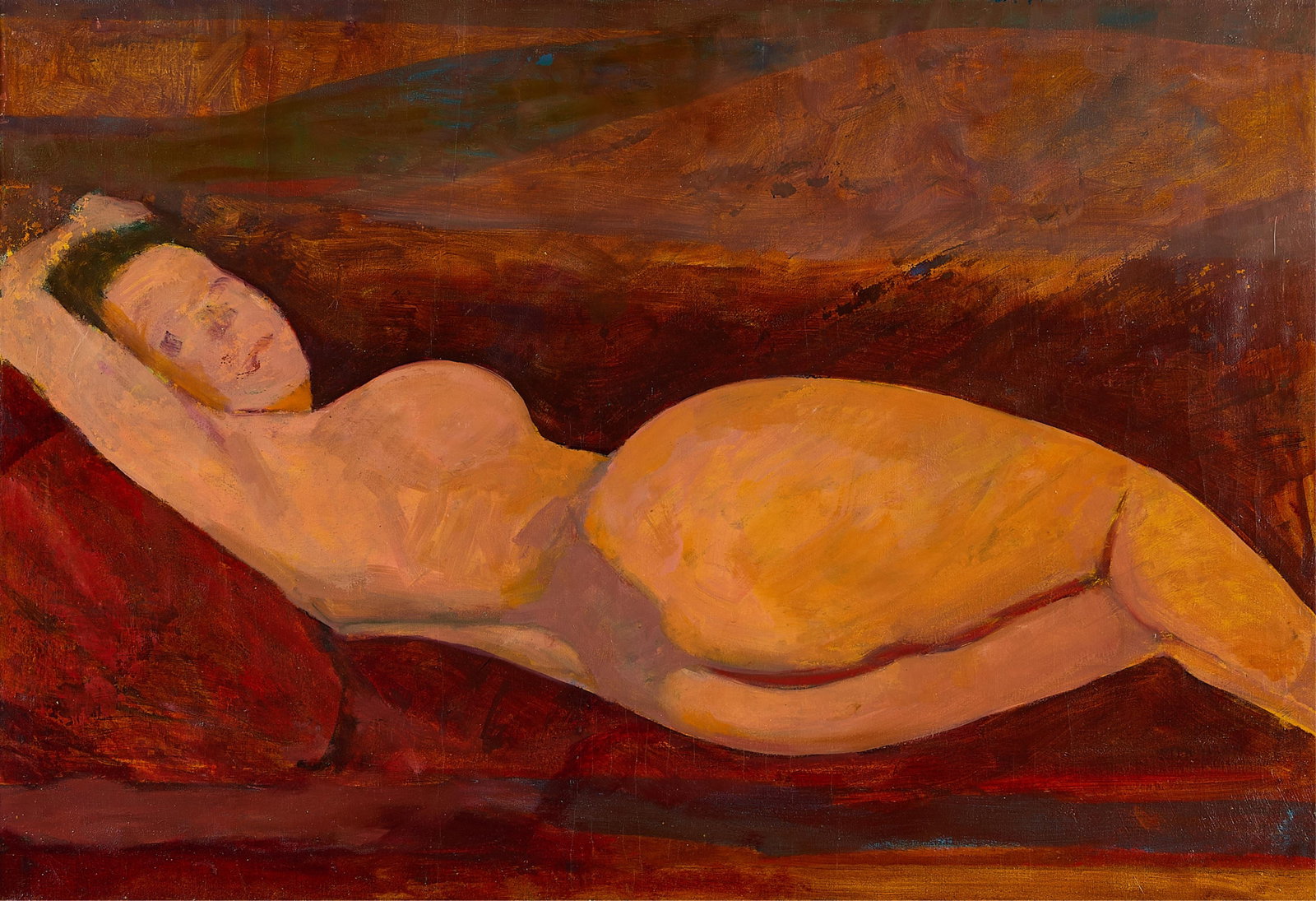 Saliba Douaihy Reclining Nude Oil Painting: Saliba Douaihy (Lebanese/American, 1915-1994). Oil on canvas painting depicting a reclining nude woman. With a copy of photographs depicting the artist and the model. Provenance: The artist to a priva