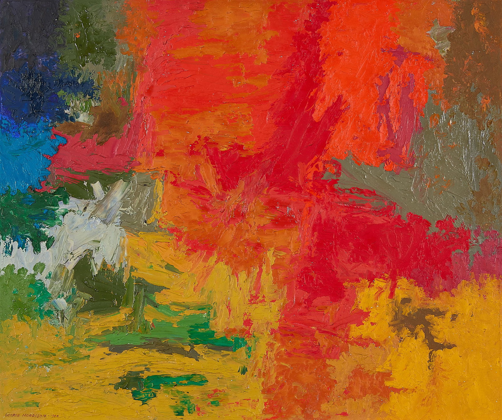 George Morrison Abstract Oil Painting 1960: George Morrison (Grand Portage Anishinaabe, 1919-2000). Oil on canvas painting depicting a richly textured abstraction executed in vibrant pigment, 1960. Signed and dated along the lower left. Pencil