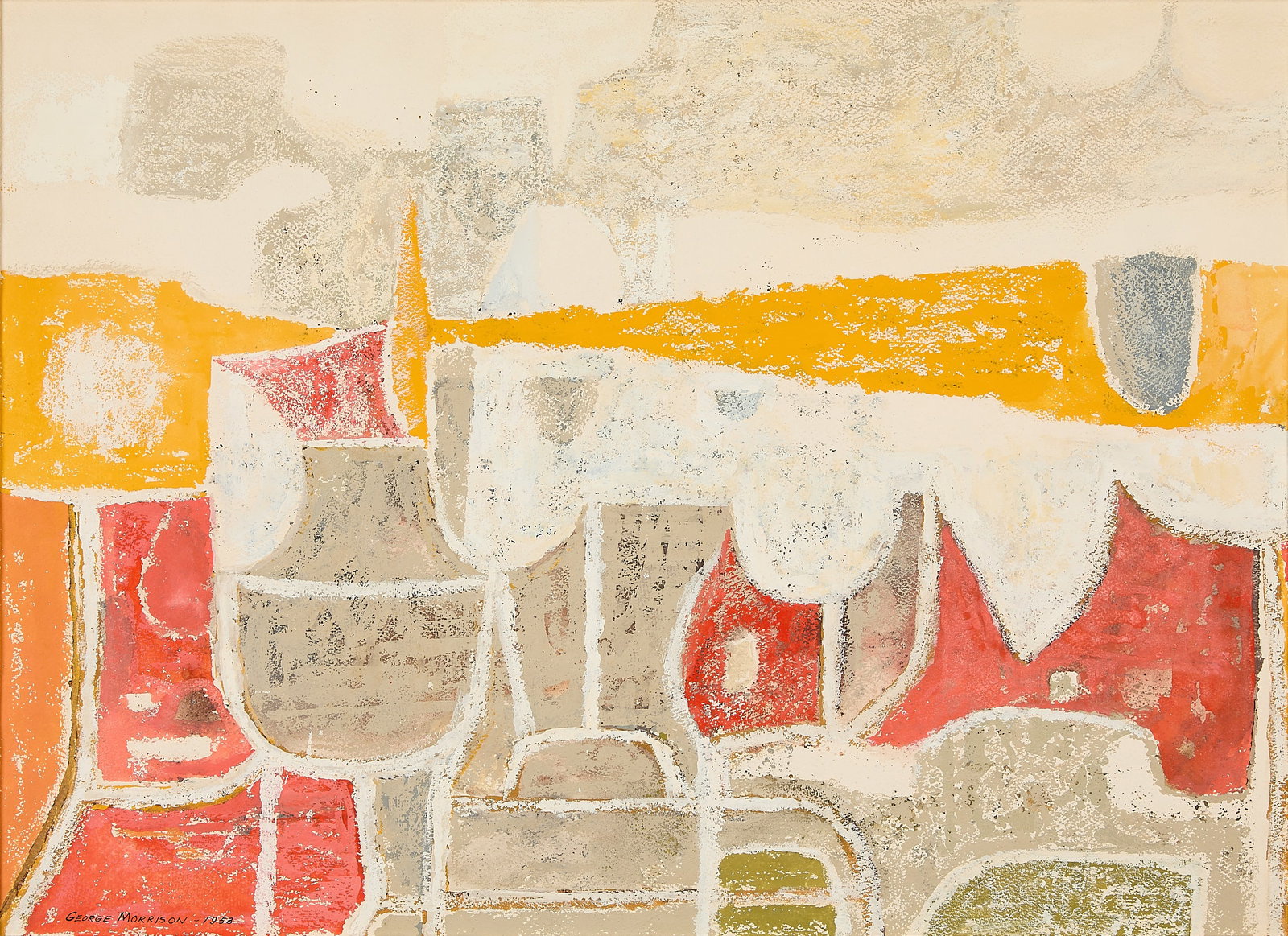 George Morrison "Luminous Landscape" Painting 1953: George Morrison (Grand Portage Anishinaabe, 1919-2000). Watercolor and gouache on paper painting titled "Luminous Landscape," 1953. Featuring mosaic-like, interlocking shapes in bold red, muted gray,