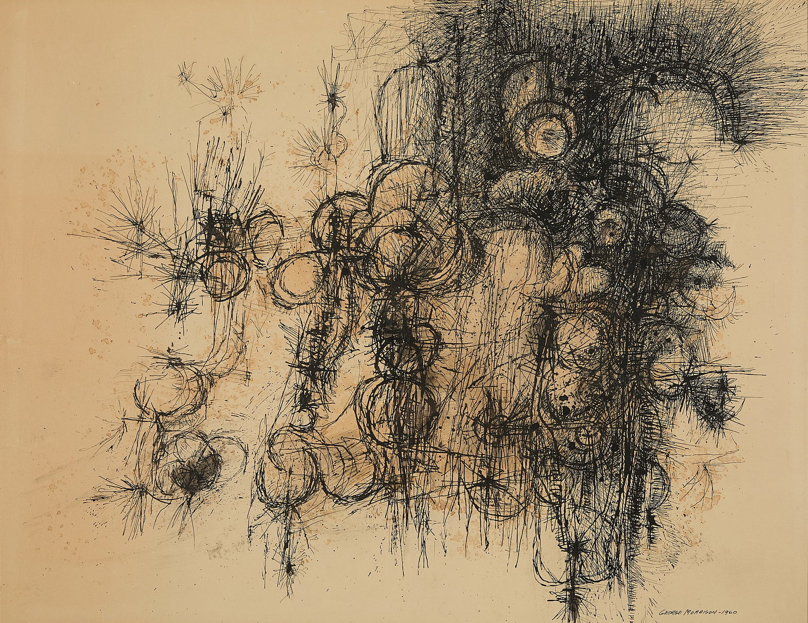 George Morrison Abstract Ink Drawing 1960: George Morrison (Grand Portage Anishinaabe, 1919-2000). Abstract expressionist ink and sepia watercolor wash on paper drawing, 1960. Featuring Morrison's hallmark automatic linework, depicting an