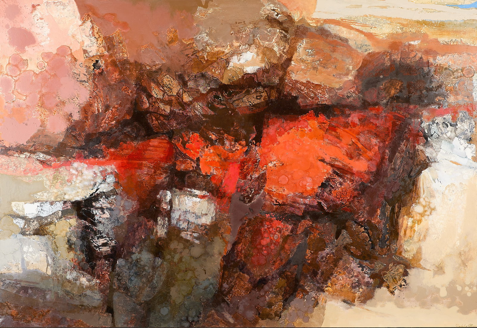 Kathleen Gemberling Adkison "Basalt Edge" Painting: Kathleen Gemberling Adkison (American, 1917-2010). Oil on canvas painting titled "Basalt Edge," depicting a rich, vibrant abstraction. Signed along the lower right. Titled along the verso. Provenance: