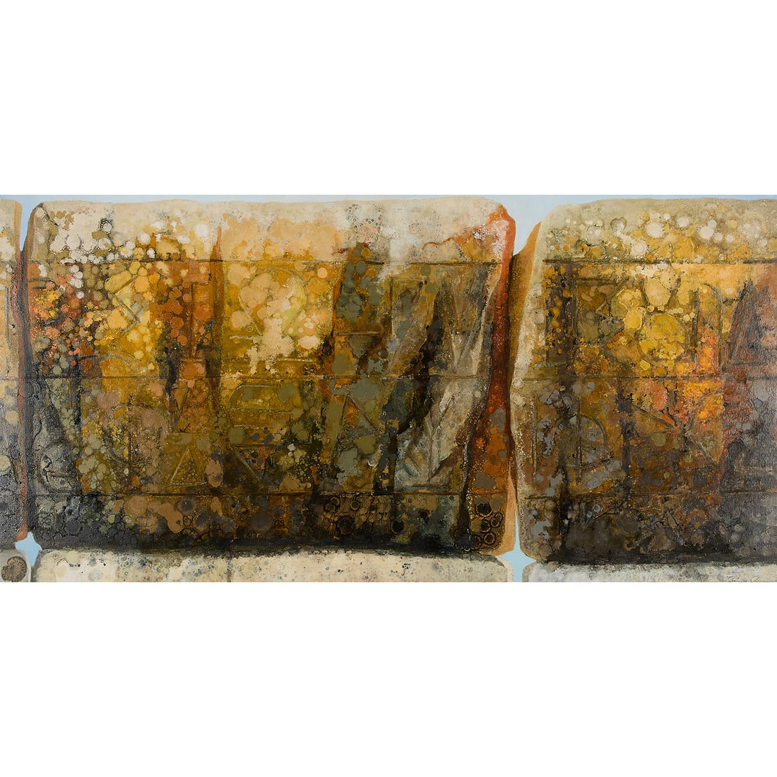 Kathleen Gemberling Adkison "Grecian" Oil Painting: Kathleen Gemberling Adkison (American, 1917-2010). Oil on canvas painting titled "Grecian Mood," depicting an abstracted forest landscape. Signed along the lower right corner. Titled along the verso. 