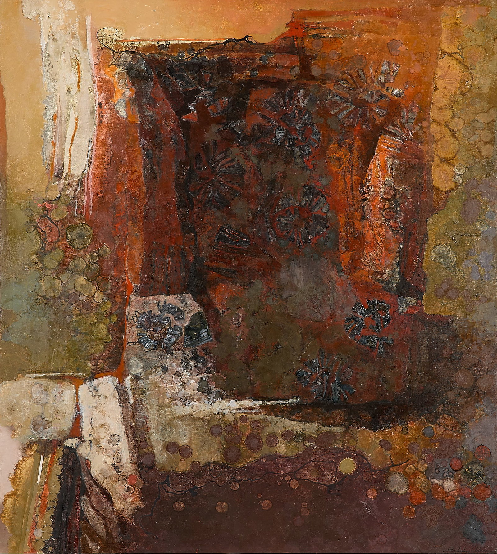 Kathleen Gemberling Adkison "Times Mould" Painting: Kathleen Gemberling Adkison (American, 1917-2010). Oil on canvas painting titled "Times Mould," depicting a rich, textured abstract scene. Signed along the lower right. Titled along the verso. Provena
