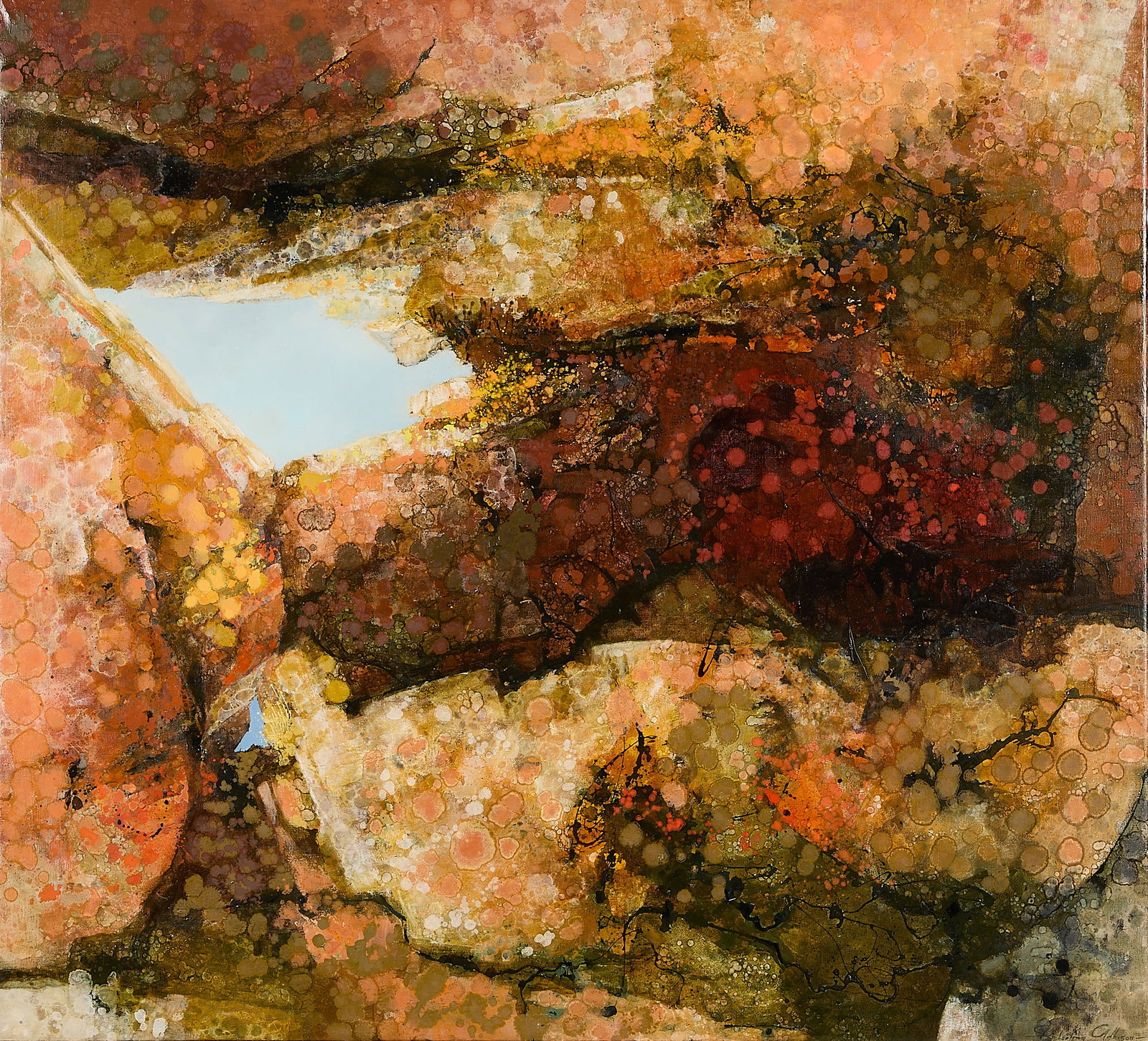 Kathleen Gemberling Adkison "Portal" Oil Painting: Kathleen Gemberling Adkison (American, 1917-2010). Oil on canvas painting titled "Portal," depicting textured abstractions. Signed along the lower right. Titled along the verso. Provenance: Distinguis