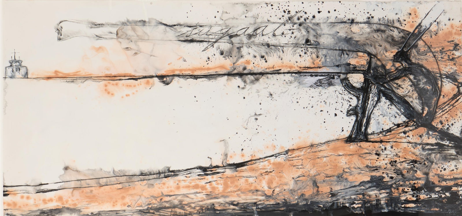 Jose Bedia "Sugaal" Acrylic on Paper Painting 2010: Jose Bedia Valdes (Cuban, b. 1959). Acrylic on paper painting titled "Sugaal," depicting an abstract scene of a man taking aim at a far-off warship along the horizon, 2010. Signed and dated along the 