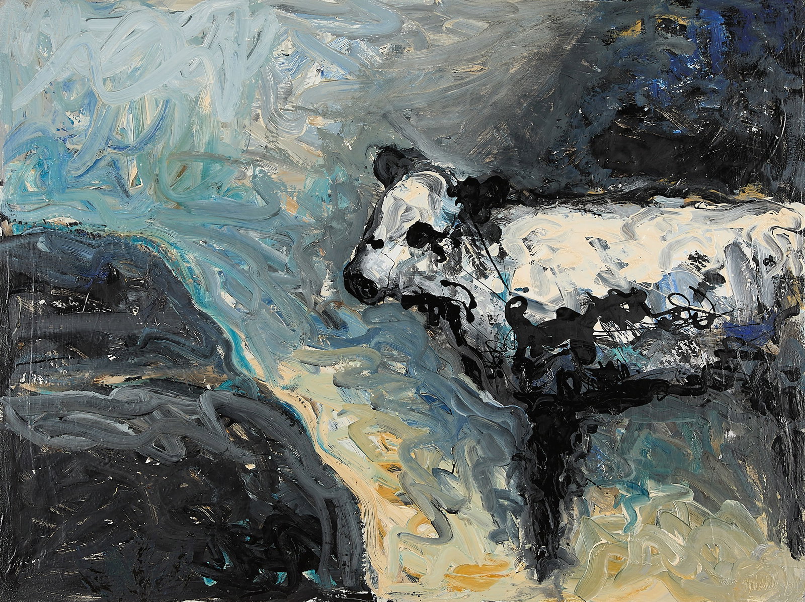 Theodore Waddell "Longhorn No. 9" Painting 1983: Theodore Waddell (American, b. 1941). Oil on canvas painting titled "Longhorn No. 9," 1983. Depicting a speckled black and white Texan Longhorn cow calf. Signed along the lower right. Pencil titled, s