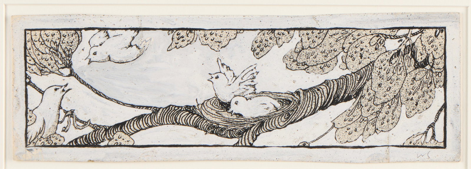 Wanda Gag Birds MM Ink & Gouache Drawing: Wanda Gag (American, 1893-1946). Mixed-media ink and gouache drawing on paper depicting dynamic birds scattered amongst foliage. Pencil initialed along the lower right. Pencil numbered "17-18" along t