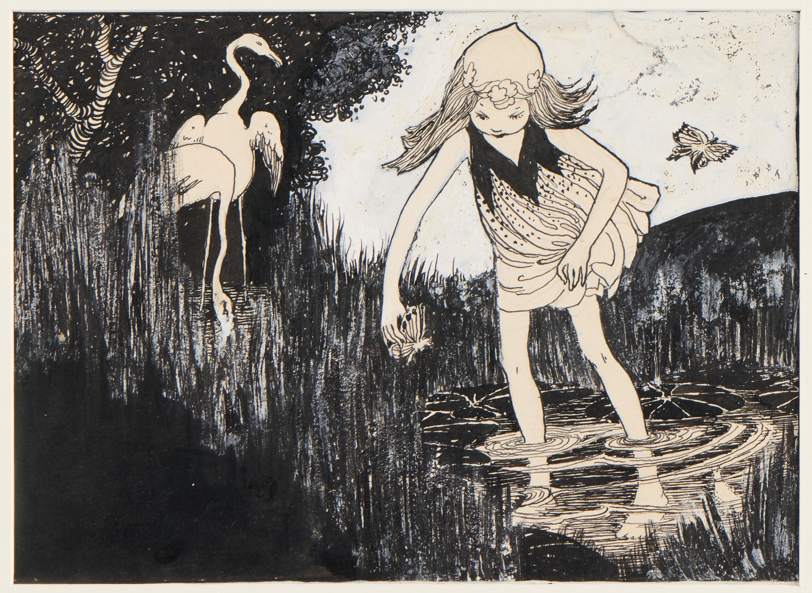 Wanda Gag Girl & Crane MM Ink & Gouache Drawing: Wanda Gag (American, 1893-1946). Mixed media ink and gouache drawing on paper depicting a whimsical exterior scene featuring a young girl playing in a stream beside a crane. Pencil initialed along the