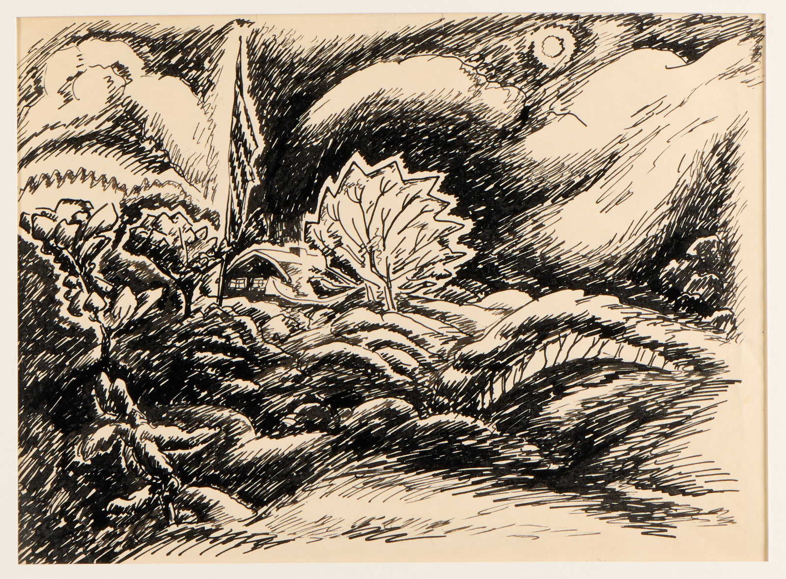 Wanda Gag Landscape w/ Moon Pen & Ink Drawing 1924: Wanda Gag (American, 1893-1946). Pen and ink drawing on paper depicting a detailed landscape scene illuminated by a full moon, 1924. Dated along the lower right. Provenance: From the Collection of Col