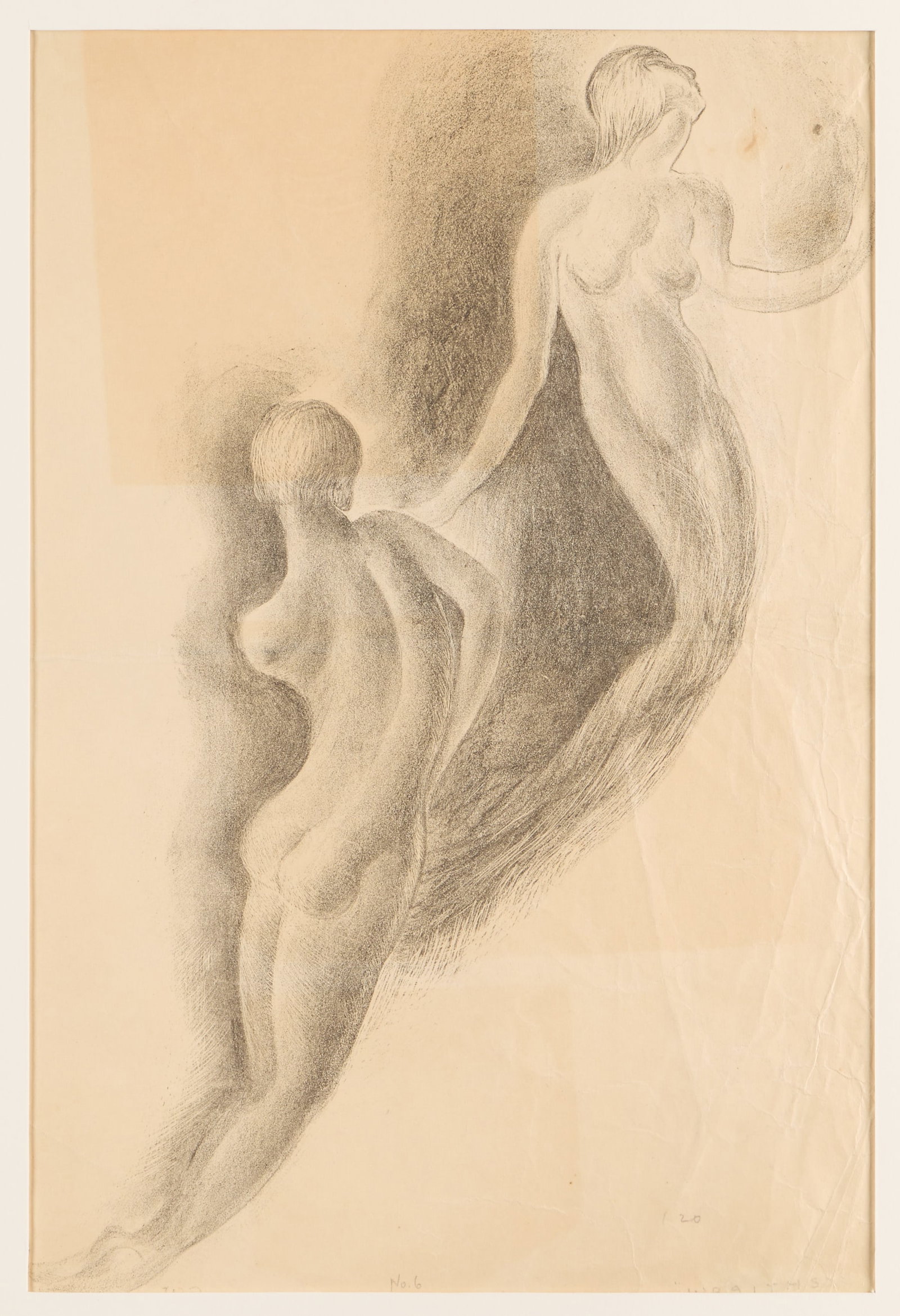 Wanda Gag "Wraiths" Figural Lithograph 1920: Wanda Gag (American, 1893-1946). Lithograph on paper print titled "Wraiths," 1920. Depicting two nude figures. Pencil titled and dated along the lower right; numbered "No. 6" along the lower center. I