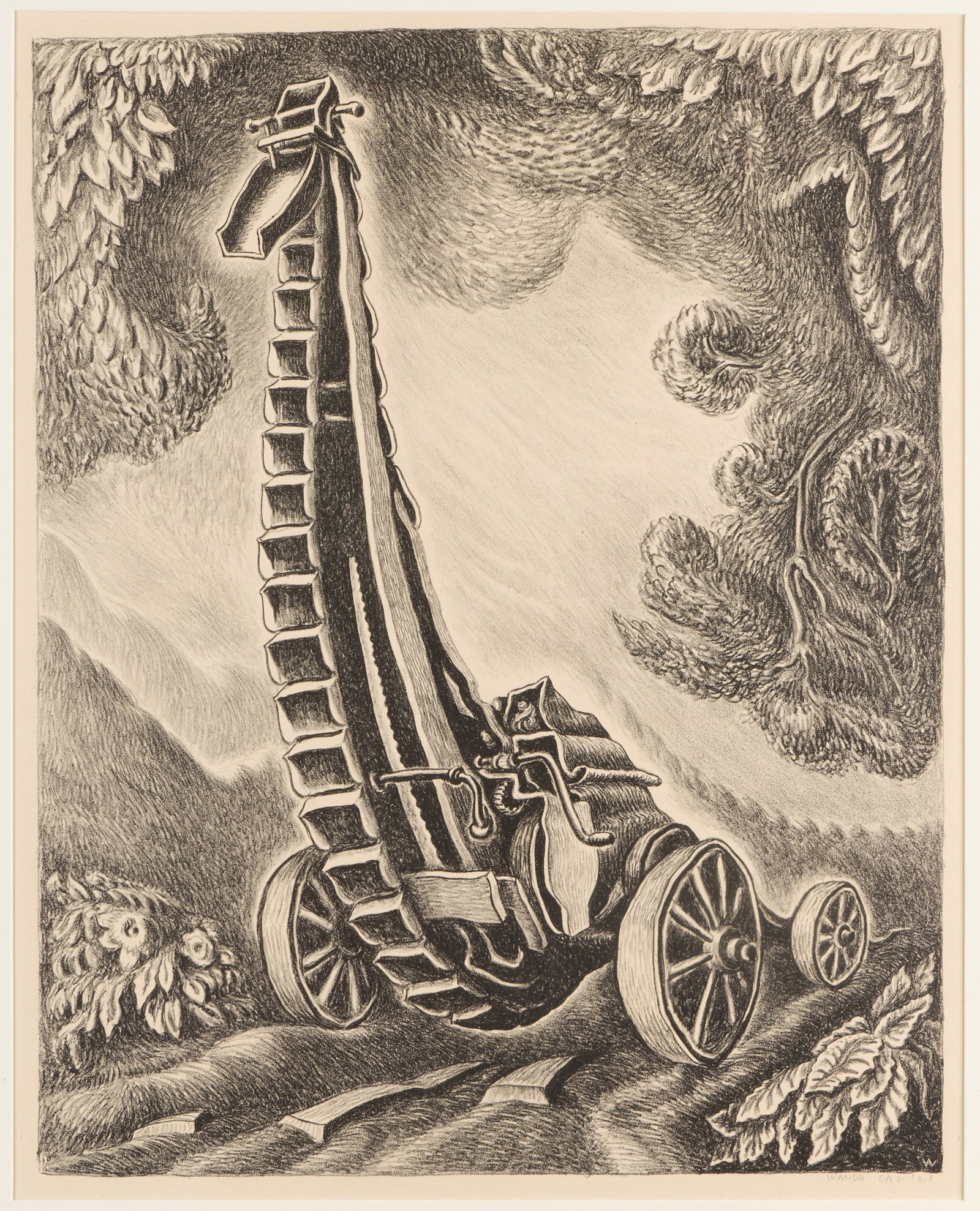 Wanda Gag "Stone Crusher" Lithograph 1928: Wanda Gag (American, 1893-1946). Lithograph print on paper titled "Stone Crusher," 1928. Depicting a large piece of farming equipment moving through lush foliage. Pencil signed and dated along the low
