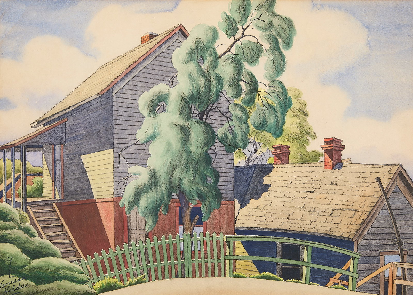 Zama Vanessa Helder Landscape Watercolor Painting: Zama Vanessa Helder (American, 1904-1968). Watercolor painting on paper depicting homes in a rural landscape. Signed along the lower left. Lot essay: Active primarily from the 1930s through the 1950s,