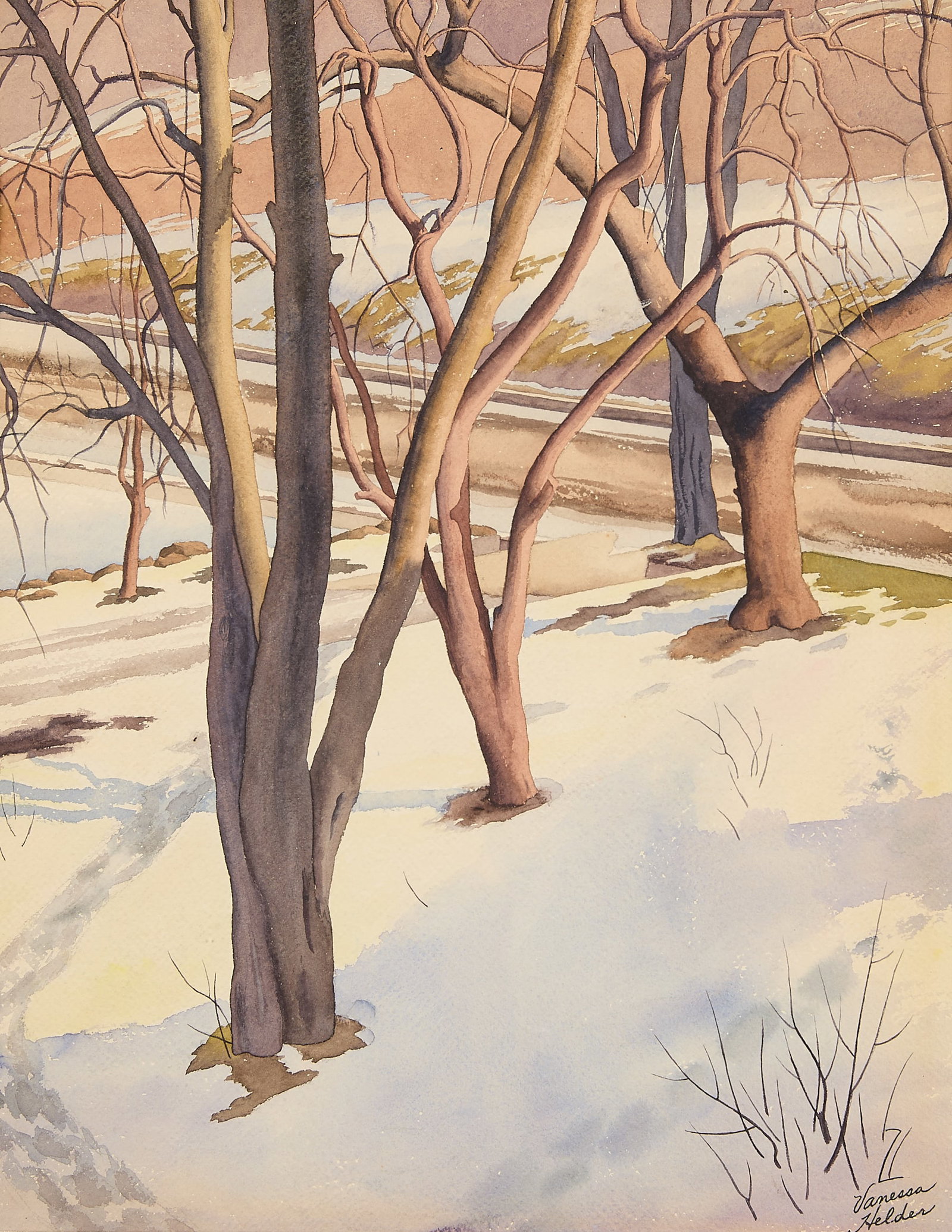 Zama Vanessa Helder "Backyard Trees" Painting 1940: Zama Vanessa Helder (American, 1904-1968). Watercolor painting titled "Backyard Trees," 1940. Depicting a snow-covered hill with bare trees illuminated by the bright winter sun. Signed along the lower