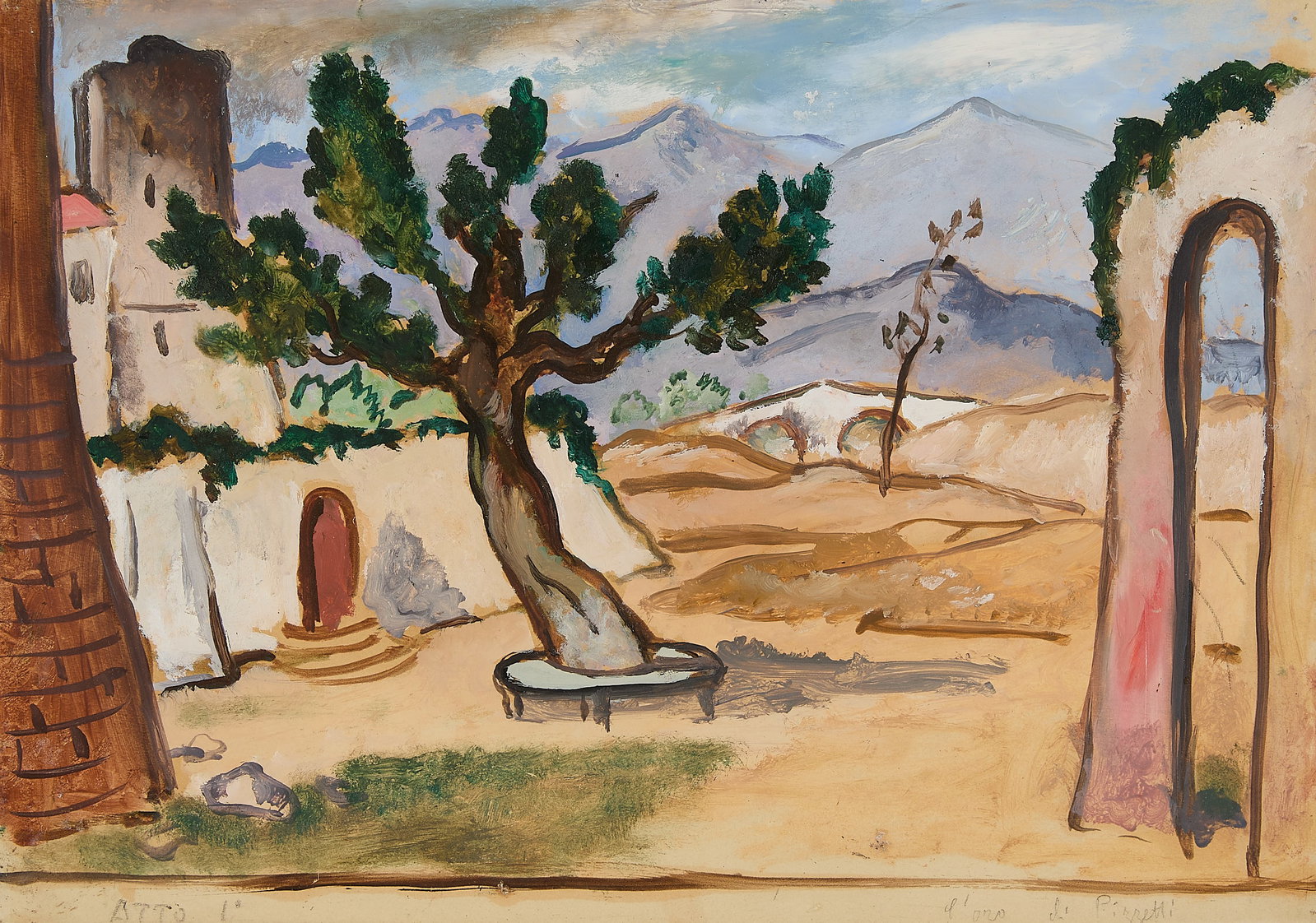 Felice Carena "Atto I" Landscape Painting: Felice Carena (Italian, 1879-1966). Oil on paper laid to canvas titled "Atto I," depicting an arid landscape. Signed and titled along the lower edge. Inscribed "L'oro di Pizzetti" in pencil along the 