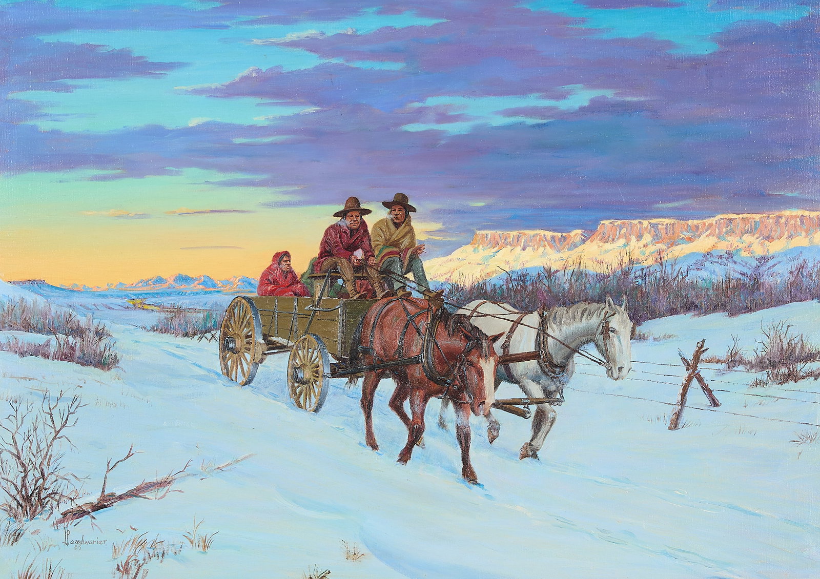 Leo Beaulaurier Winter Landscape Oil Painting 1963: Leo James Beaulaurier (American, 1911-1984). Oil on canvas painting depicting a horse-drawn coach traveling through a snowy region at dawn, the mountain range illuminated along the background, 1963. S