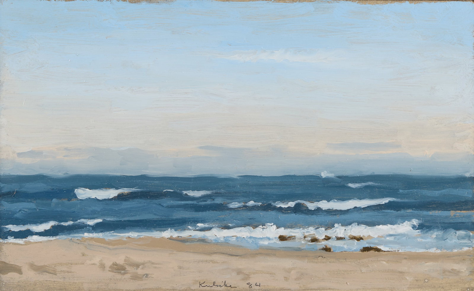 Robert Kulicke "Seascape" Oil on Gessoed Masonite: Robert Moore Kulicke (American, 1924-2007). Oil on gessoed masonite painting titled "Seascape," 1984. Depicting a tranquil coastal beach scene with rolling ocean waves and a sandy shore. Pencil signed