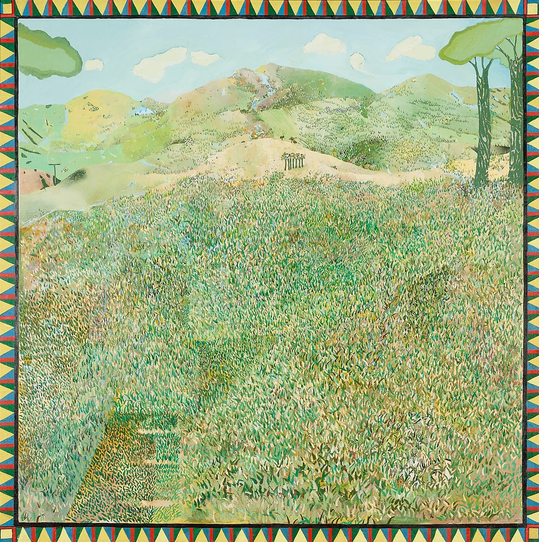 Linda Okazaki "Pullman" Landscape Painting 1975: Linda Okazaki (American, b. 1947). Oil on canvas painting titled "Pullman," 1975. Depicting a verdant green landscape encased by a vibrant geometric border. Signed, titled, and dated along the verso.