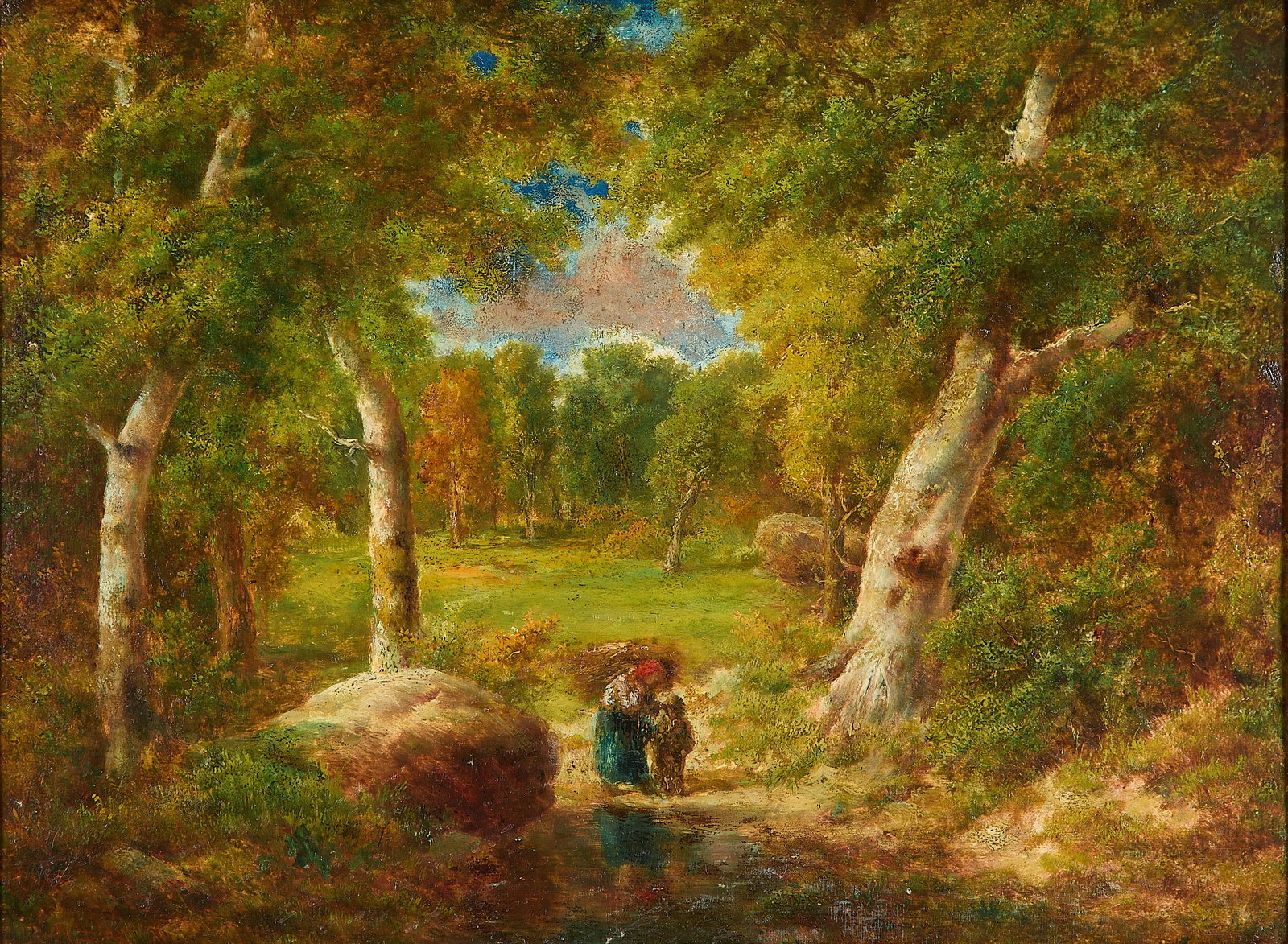 Narcisse Virgilio Diaz de la Pena Oil Painting: Narcisse Virgile Diaz de la Pena (French, 1807-1876). Oil on board painting depicting two figures beside a calm body of water, surrounded by lush foliage in a verdant landscape scene. Signed along the