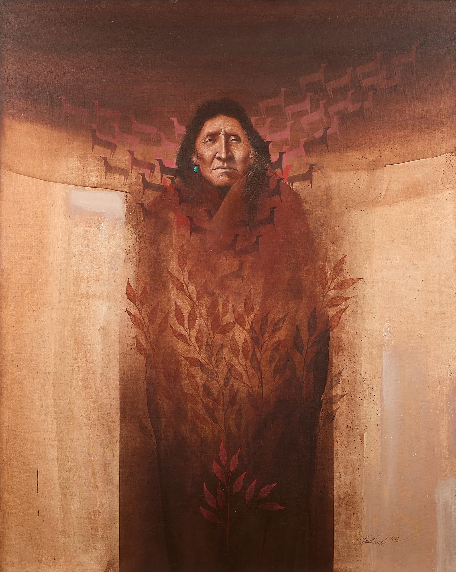 Frank Howell "Canyon Plants" Painting: Frank Howell (Lakota Sioux, 1937-1997). Acrylic on canvas painting titled "Canyon Plants," 1981. Depicting a portrait of a Native American man simultaneously appearing to be a physical body and