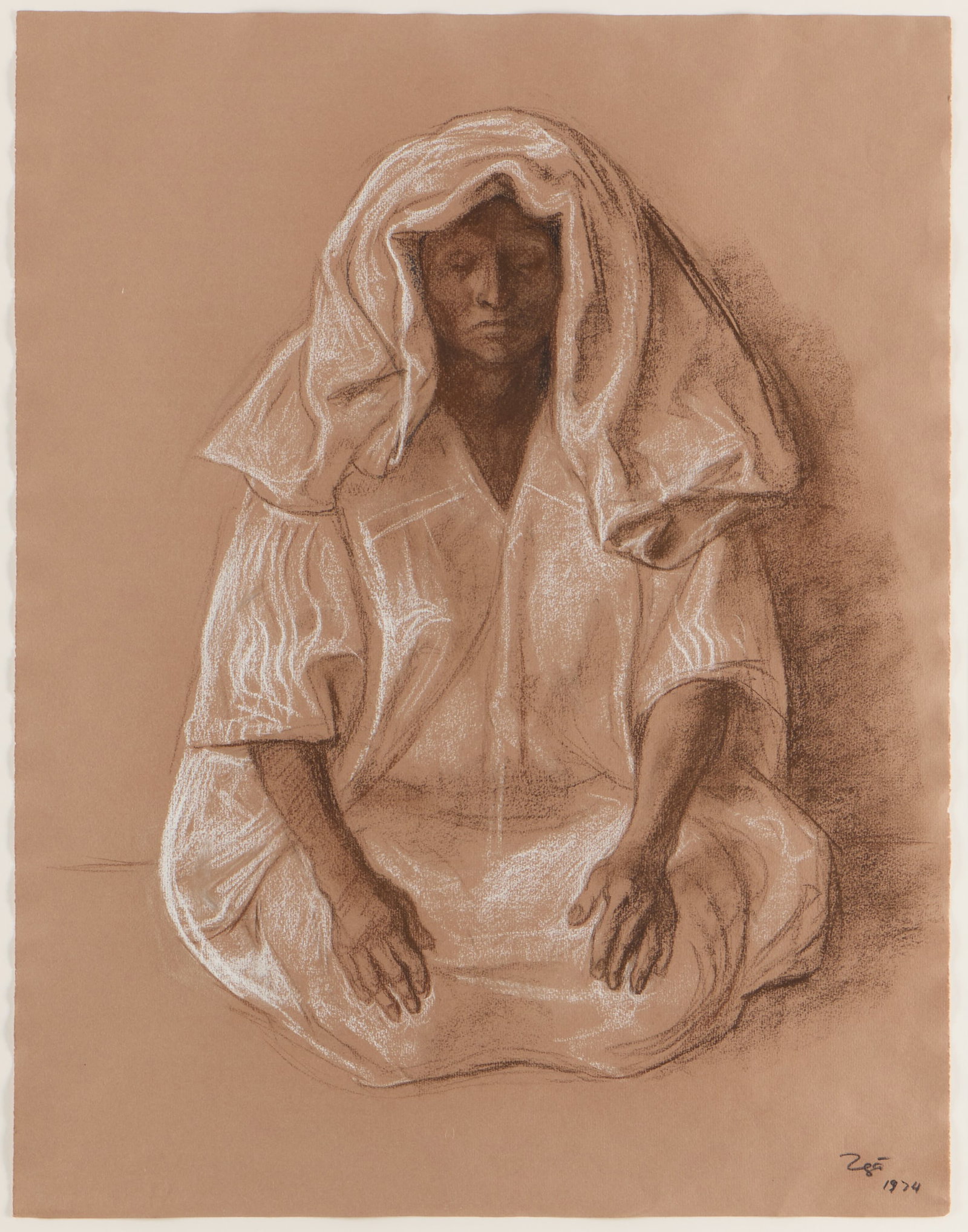 Francisco Zuniga Figural Pastel Drawing 1974: Francisco Zuniga (Costa Rican/Mexican, 1912-1998). Pastel drawing on colored paper depicting a serene seated figure draped in white cloth, 1974. Possibly titled "Human Endurance." Signed and dated alo