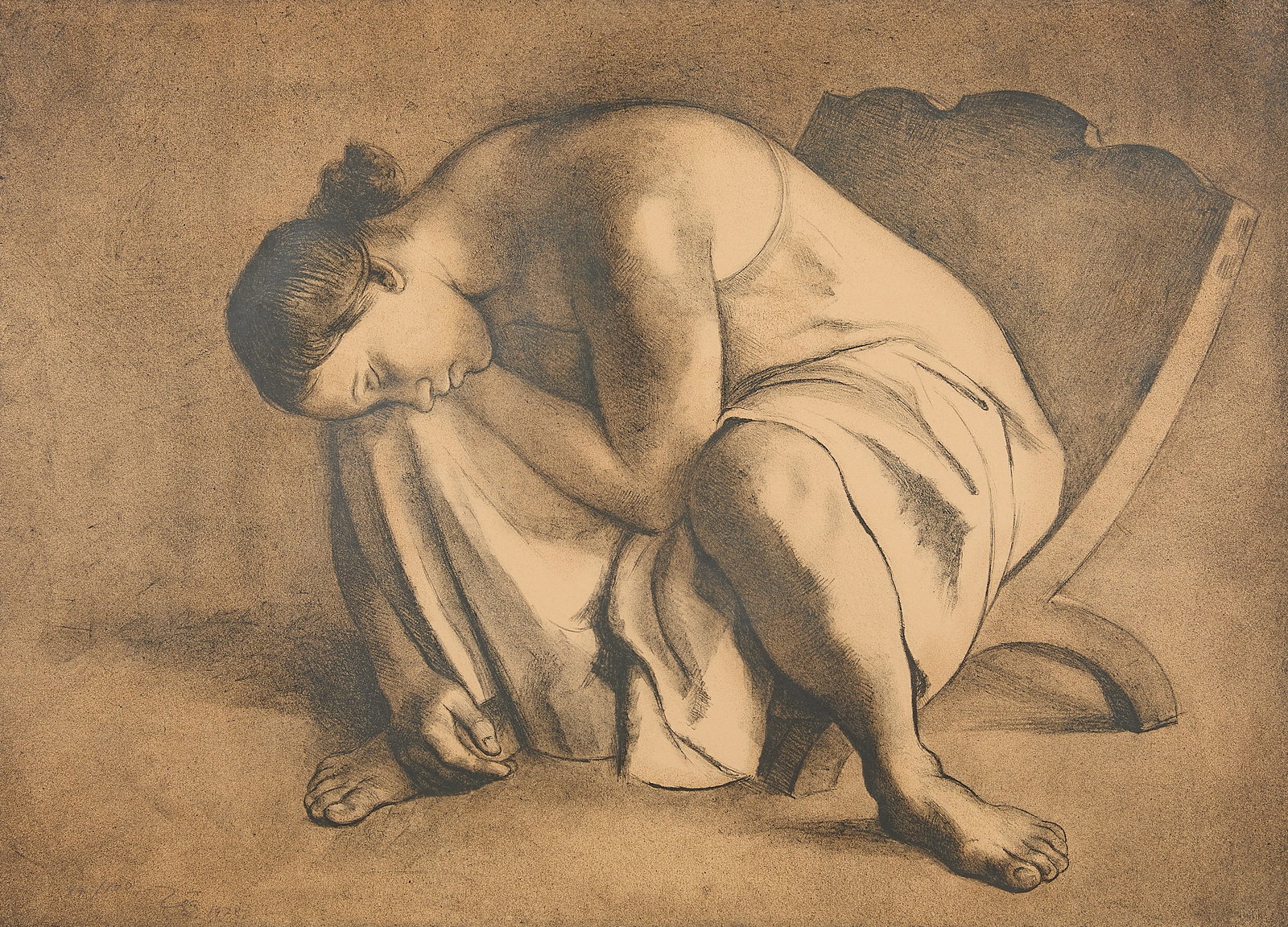 Franciso Zuniga "Girl in Chair" Lithograph 1978: Franciso Zuniga (Costa-Rican/Mexican, 1912-1998). Lithograph on paper print titled "Girl in Chair," 1978. Depicting a woman deeply hunched forward on a curved wooden chair, her head resting heavily ag