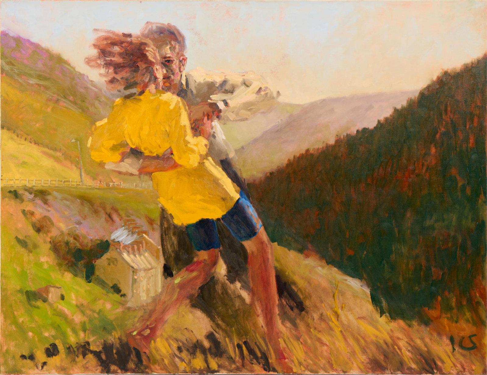 Kevin Sinnott "Town & Country" Oil Painting 1997: Kevin Sinnott (Welsh, b. 1947). Oil on canvas painting titled "Town and Country," 1997. Depicting a dynamic couple dancing along a grassy slope bathed in golden light. Initialed along the lower