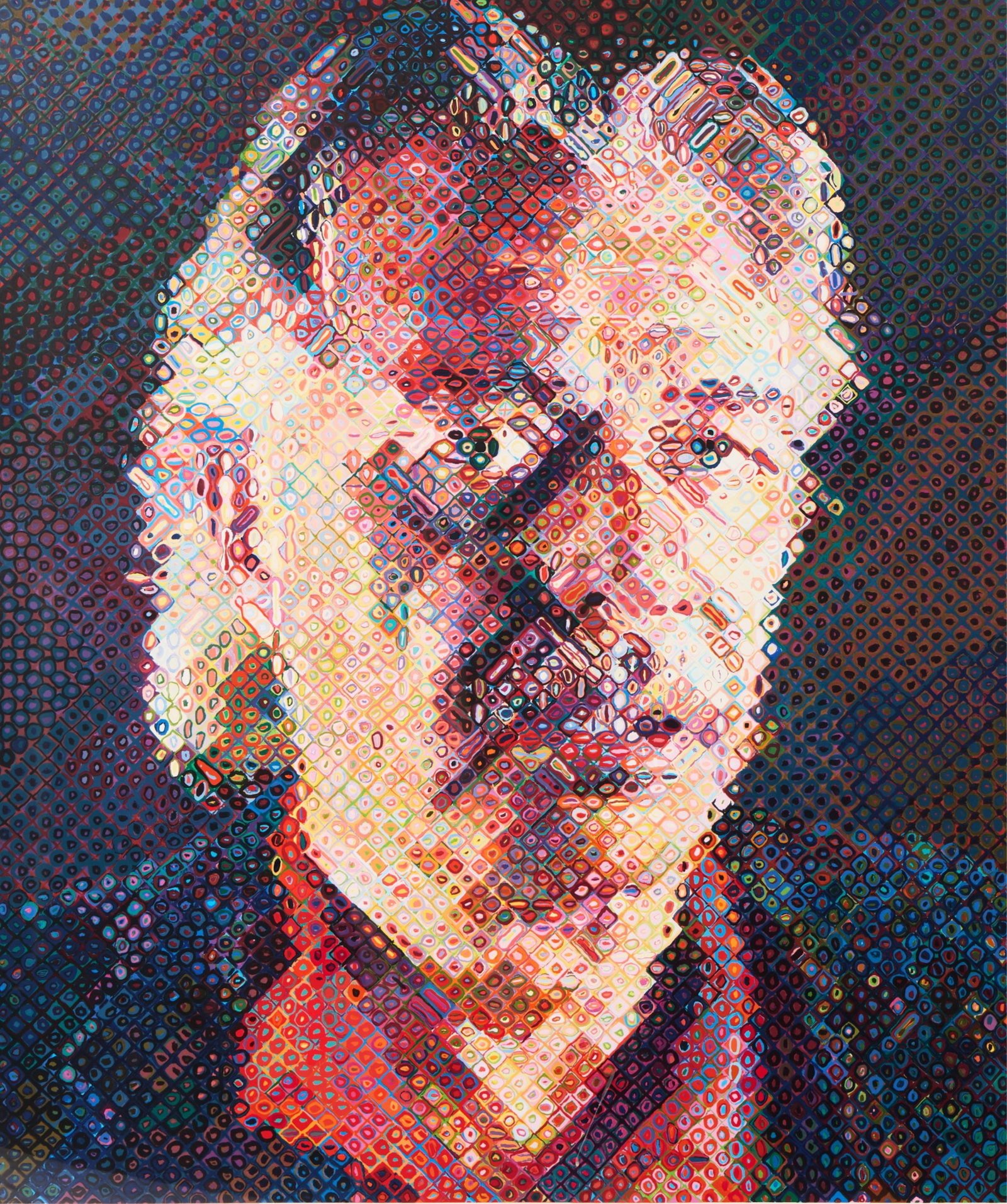 Chuck Close "John" 126-Color Screenprint 1998: Chuck Close (American, 1940-2021). 126-color screen print on paper titled "John," 1998. Depicting the face of a man executed in a composition of mosaic tesserae depicting abstract geometric forms.