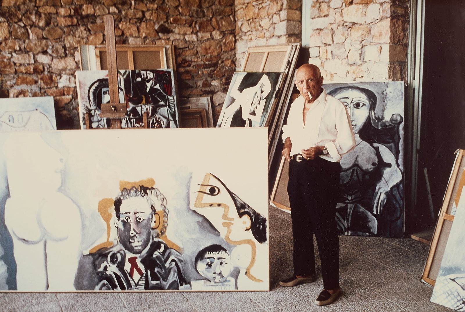 Alexander Liberman "Picasso" Ektacolor 1965: Alexander Liberman (American, 1912-1999). Ektacolor photograph on resin coated (RC) paper titled "Pablo Picasso, Mogins, France Studio," ca. 1965. Depicting the titular Cubist artist standing in an in