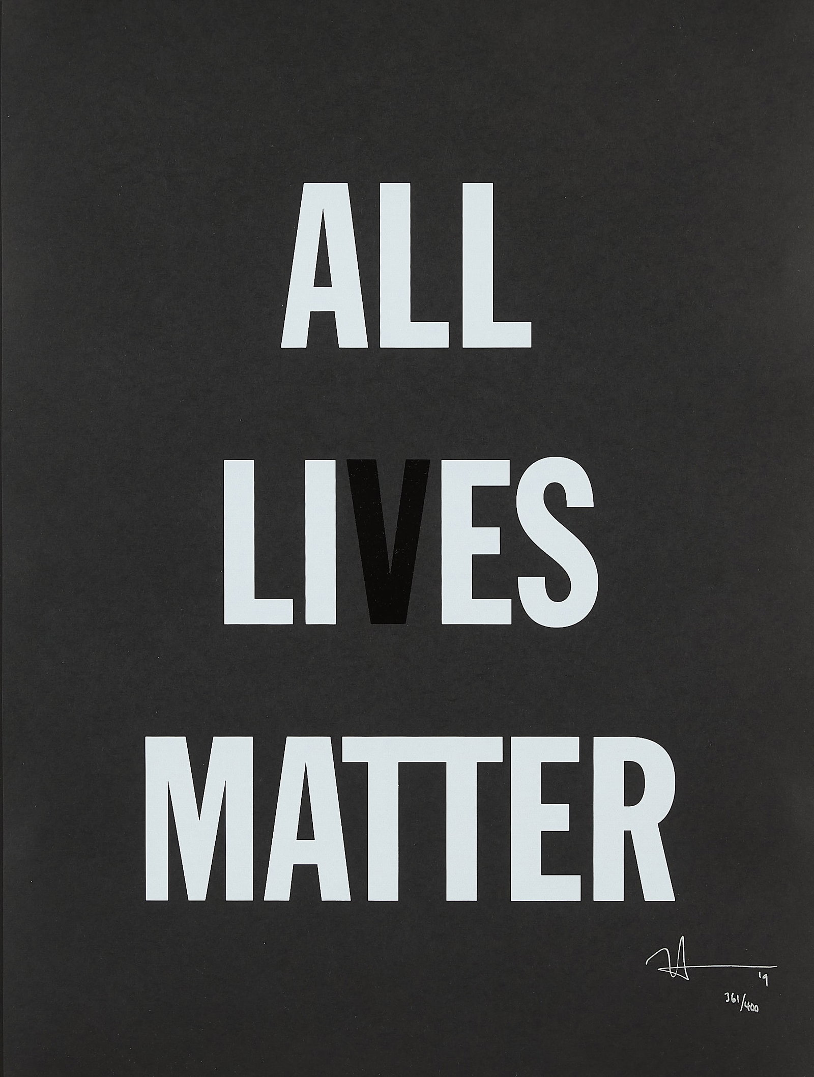Hank Willis Thomas "All Lies Matter" Screenprint: Hank Willis Thomas (American, b. 1976). Screenprint on black wove paper titled "All Lies Matter," 2019. Ink signed, dated, and editioned 361/400 along the lower right. Provenance: Phillips, New York, 