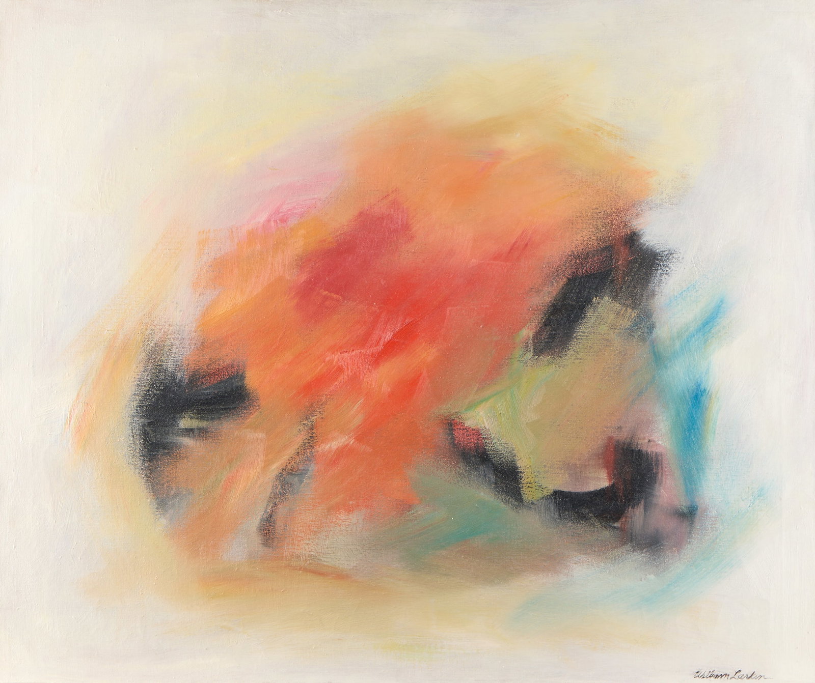 William Larkin Abstract Oil on Canvas Painting: William Larkin (American, 1902-1969). Oil on canvas abstract painting, mid-20th century. Featuring a vibrant burst of orange, red, and yellow brushstrokes contrasted by dark black and muted blue accen