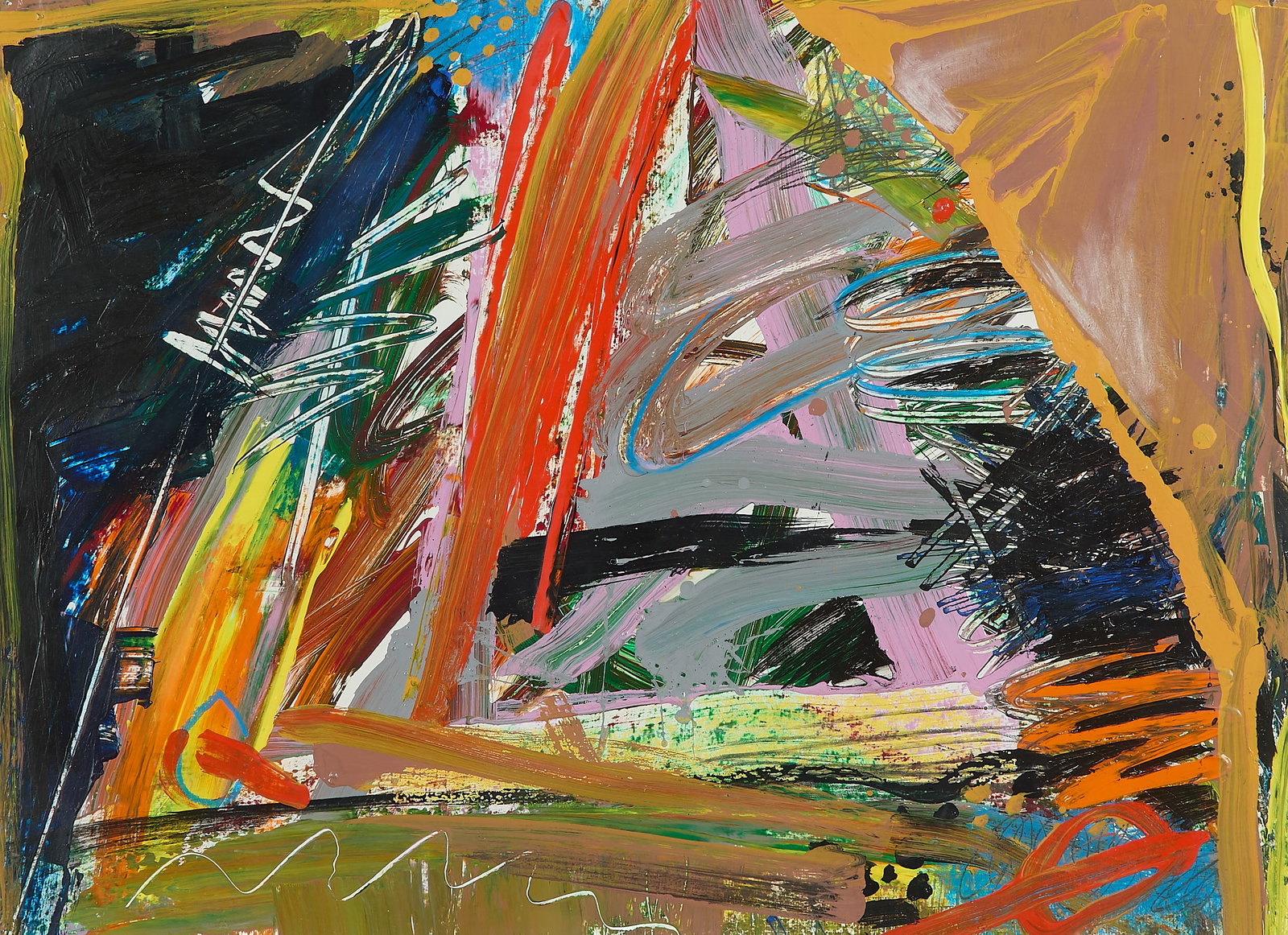 Lucinda Parker "Bonfire" AbEx Painting 1977: Lucinda Parker (American, b. 1942). Acrylic on paper painting titled "Bonfire," depicting abstract expressionist motifs executed in vibrant pigment, 1977. Pencil signed and dated along the lower left;