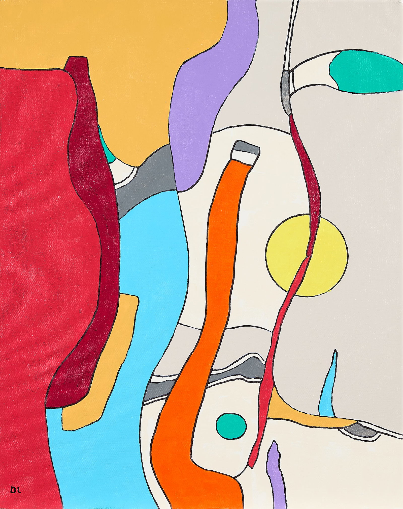 Dale Laun Abstract Geometric Acrylic Painting: Dale Laun (American, 1939-2018). Acrylic on canvas painting depicting an abstract landscape composed of geometric forms executed in vibrant pigment. Initialed along the lower right. Provenance: By rep