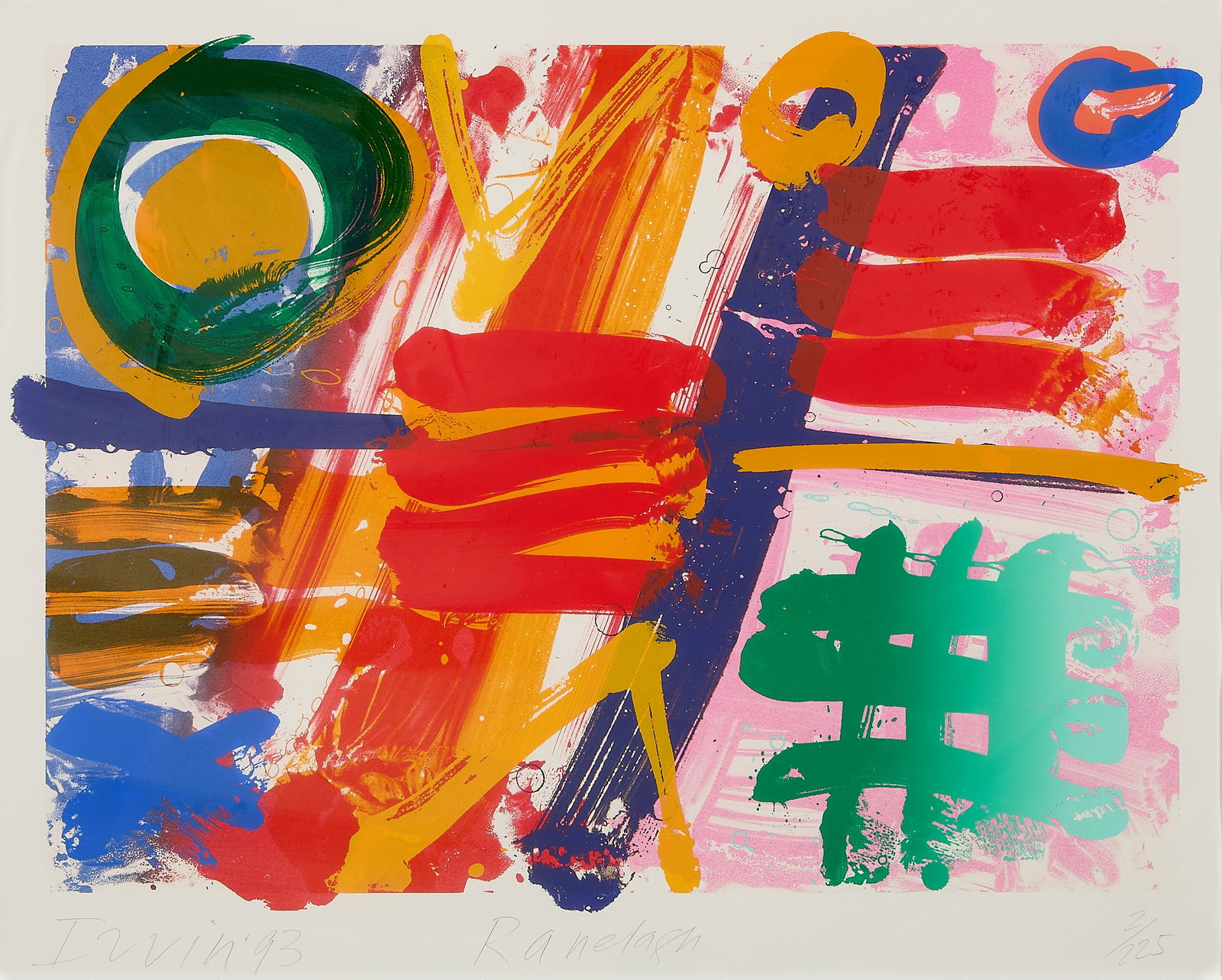 Albert Irvin "Ranelagh" Screenprint 1993: Albert Irvin (British, 1922-2015). Serigraph print on paper titled "Ranelagh," 1993. Featuring vibrant, expressive brushstrokes and geometric shapes in bold shades of red, blue, yellow, and green. Pen