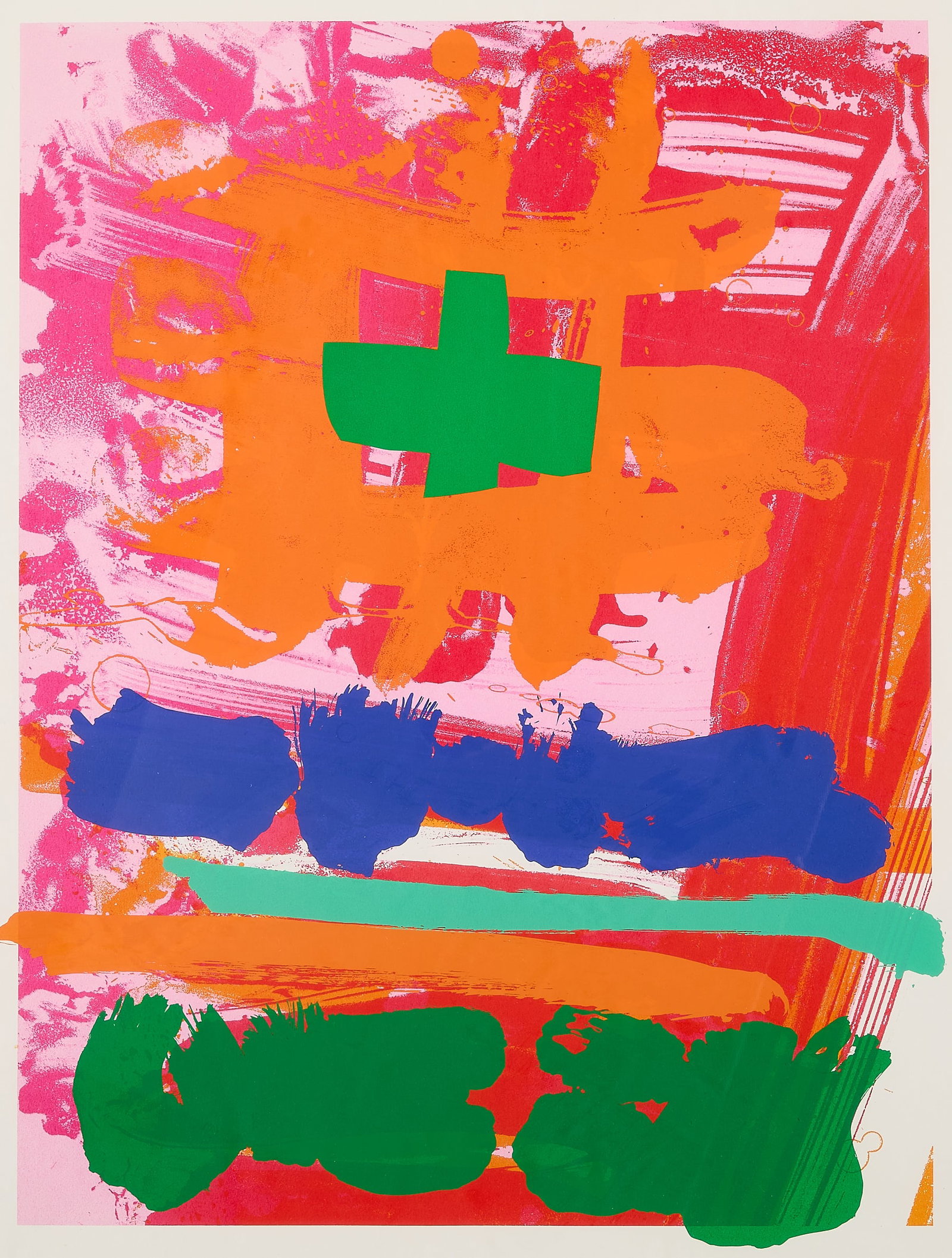 Albert Irvin "Sangora" Screenprint: Albert Irvin (British, 1922-2015). Serigraph print on paper titled "Sangora," circa 1993. Depicting a vibrant abstract composition featuring bold patches and strokes of orange, magenta, green, and blu