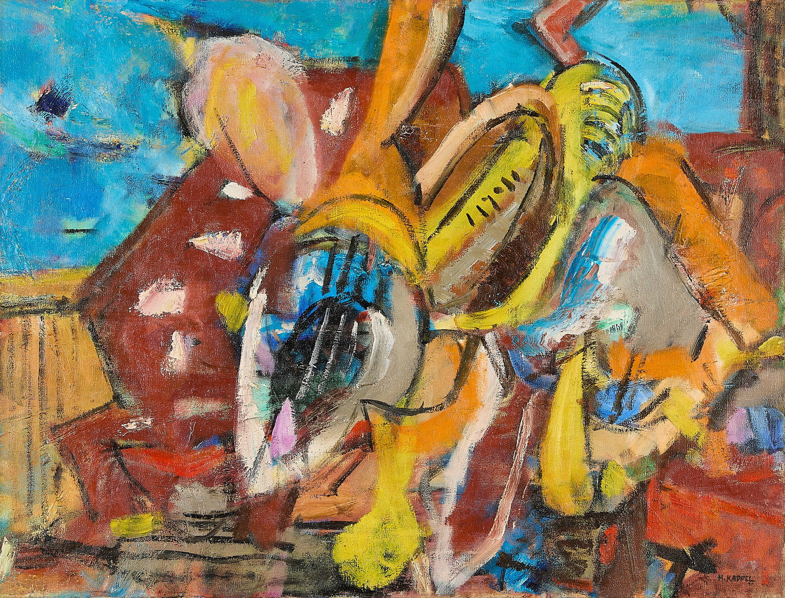 Kappel Abstract Still Life Oil Painting: Hugh Kappel (American, 1910-1982). Oil on canvas painting depicting an abstracted still life, possibly an interior scene with stringed instruments in the foreground, 1947. Signed lower right. Further 