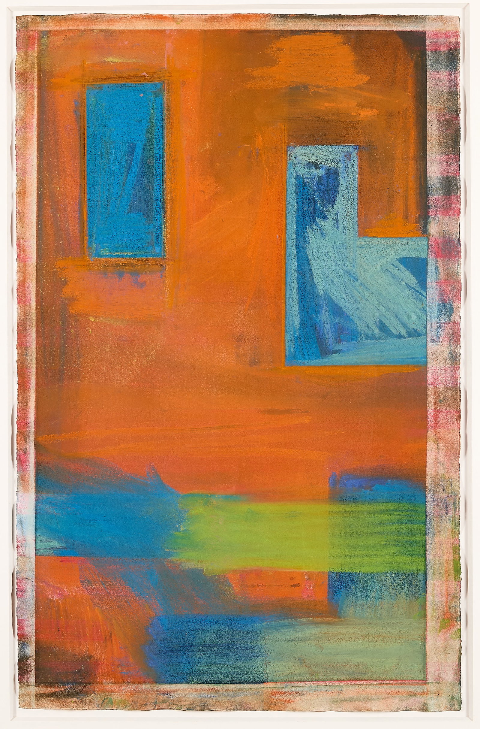 James Biederman Abstract Oil Pastel Drawing: James Biederman (American, b. 1947). Abstract oil pastel on paper drawing. Featuring geometric block shapes in striking shades of blue against a layered, textured orange ground that transitions from d