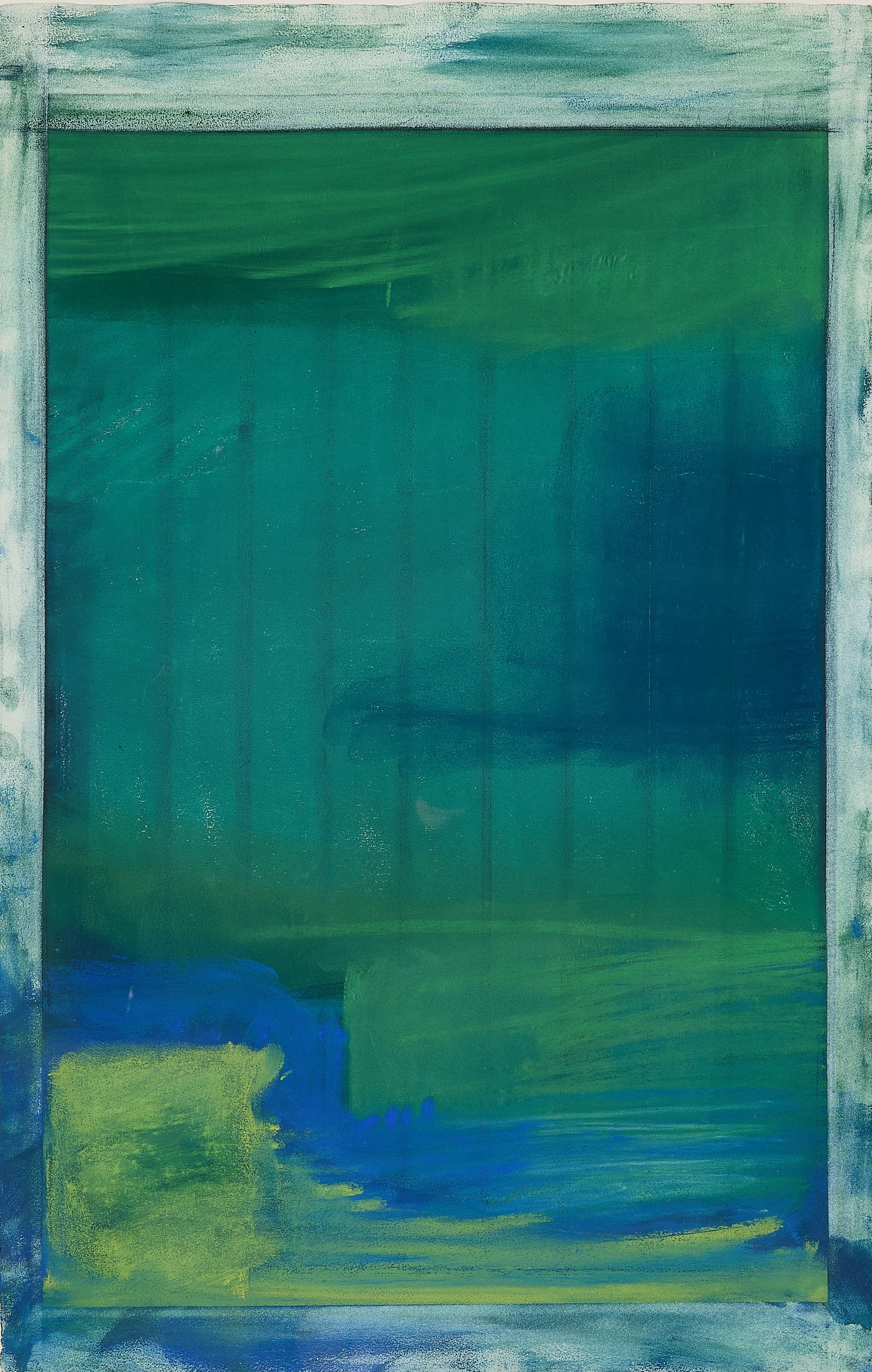 James Biederman Abstract Oil Pastel Drawing: James Biederman (American, b. 1947). Abstract oil pastel on paper drawing. Featuring rich horizontal bands of emerald green, deep teal, and sky blue, balanced by a vibrant splash of chartreuse yellow 