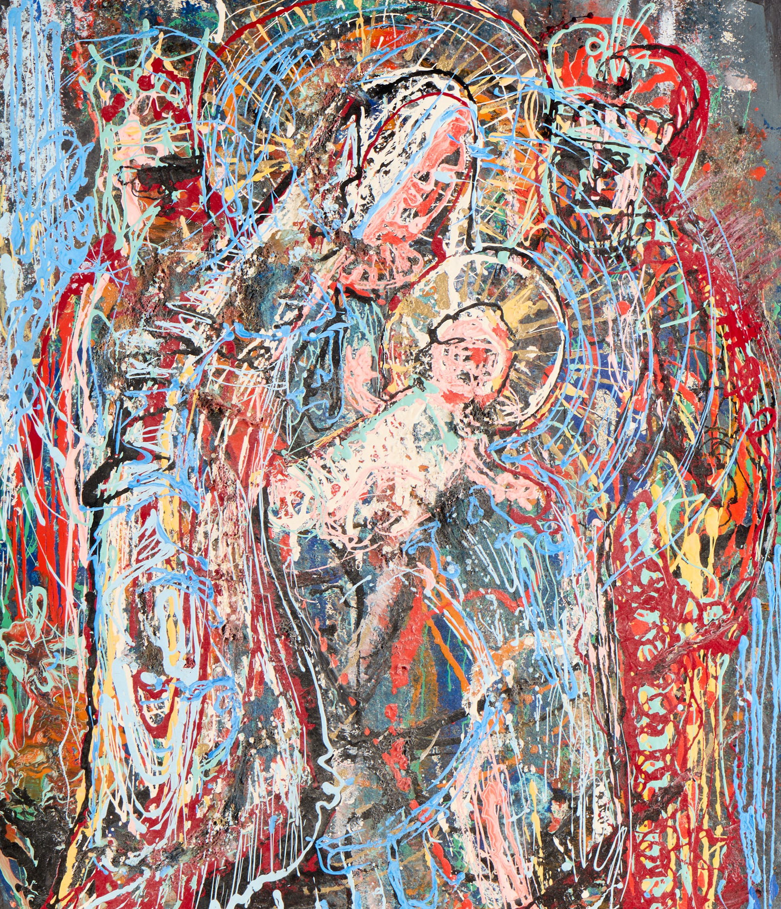 Signed Melville Virgin Mary & Christ Child MM: Mixed media on board depicting the Virgin Mary, or Madonna, holding the Christ Child, with halos radiating around their heads. Signed "Melville" along the verso. With a Luther Auctions label affixed