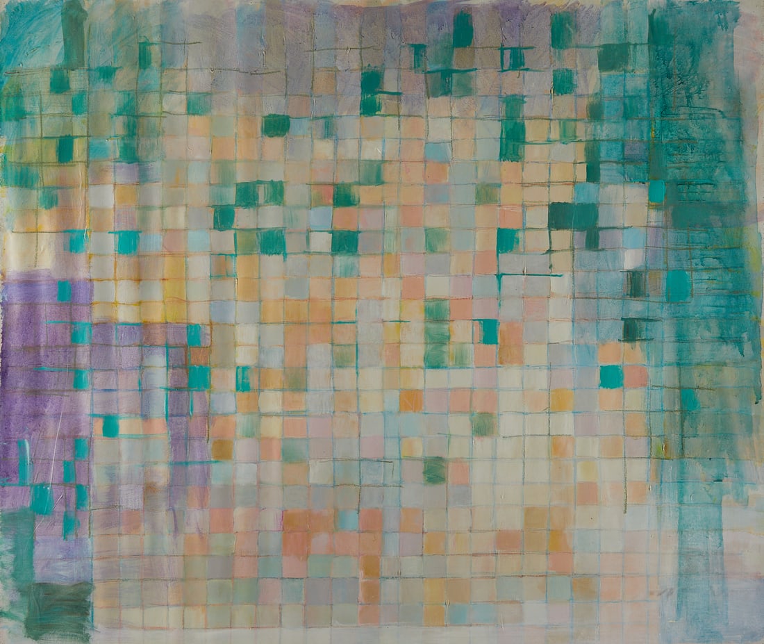 Patrick Bradley "Alexandria" Acrylic Painting: Patrick Bradley (American, 20th/21st c). Acrylic on canvas painting titled "Alexandria" depicting patterned small squares colored in pastel tone, 1989. Dated and marked "Washington DC" along the