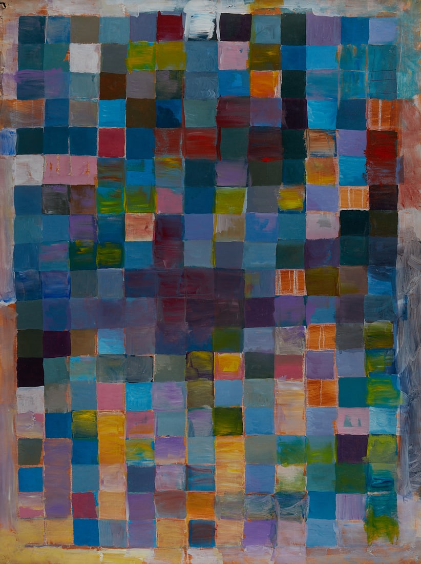 Patrick Bradley "Magister Ludi" Acrylic Painting: Patrick Bradley (American, 20th/21st c). Acrylic on canvas painting titled "Magister Ludi" depicting colorful square patterns, 1988. Signed, titled, and dated along the verso. Height: 36 in x width: