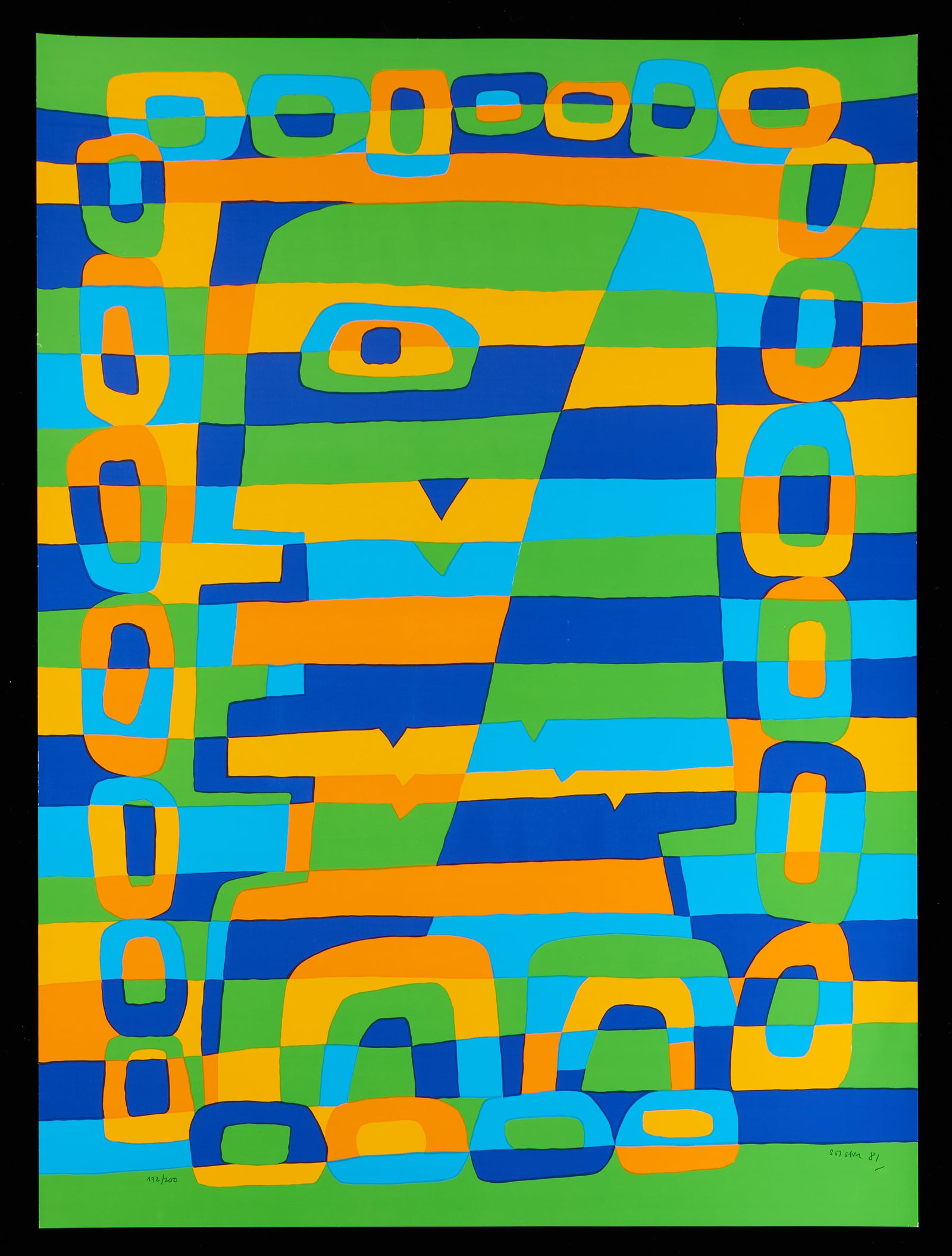 Jacques Soisson "Tete Flame" Serigraph 1981: Jacques Soisson (French, 1928-2012). Serigraph print on glossy stock paper titled "Tete Flame," 1981. Featuring a vibrant, abstract totemic face rendered in contrasting geometric blocks of blue,