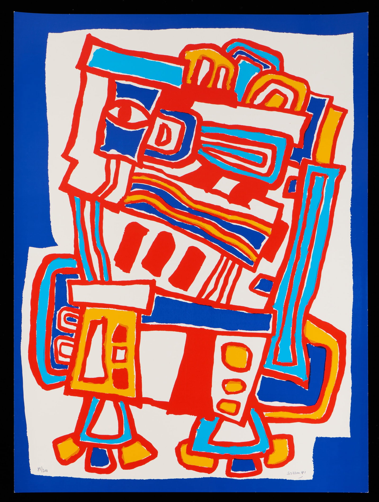 Jacques Soisson "Hurle Lume" Serigraph 1981: Jacques Soisson (French, 1928-2012). Serigraph print on glossy stock paper titled "Hurle Lume," 1981. Featuring a vibrant, abstract totemic figure rendered in striking blues, reds, and yellows. Pen si