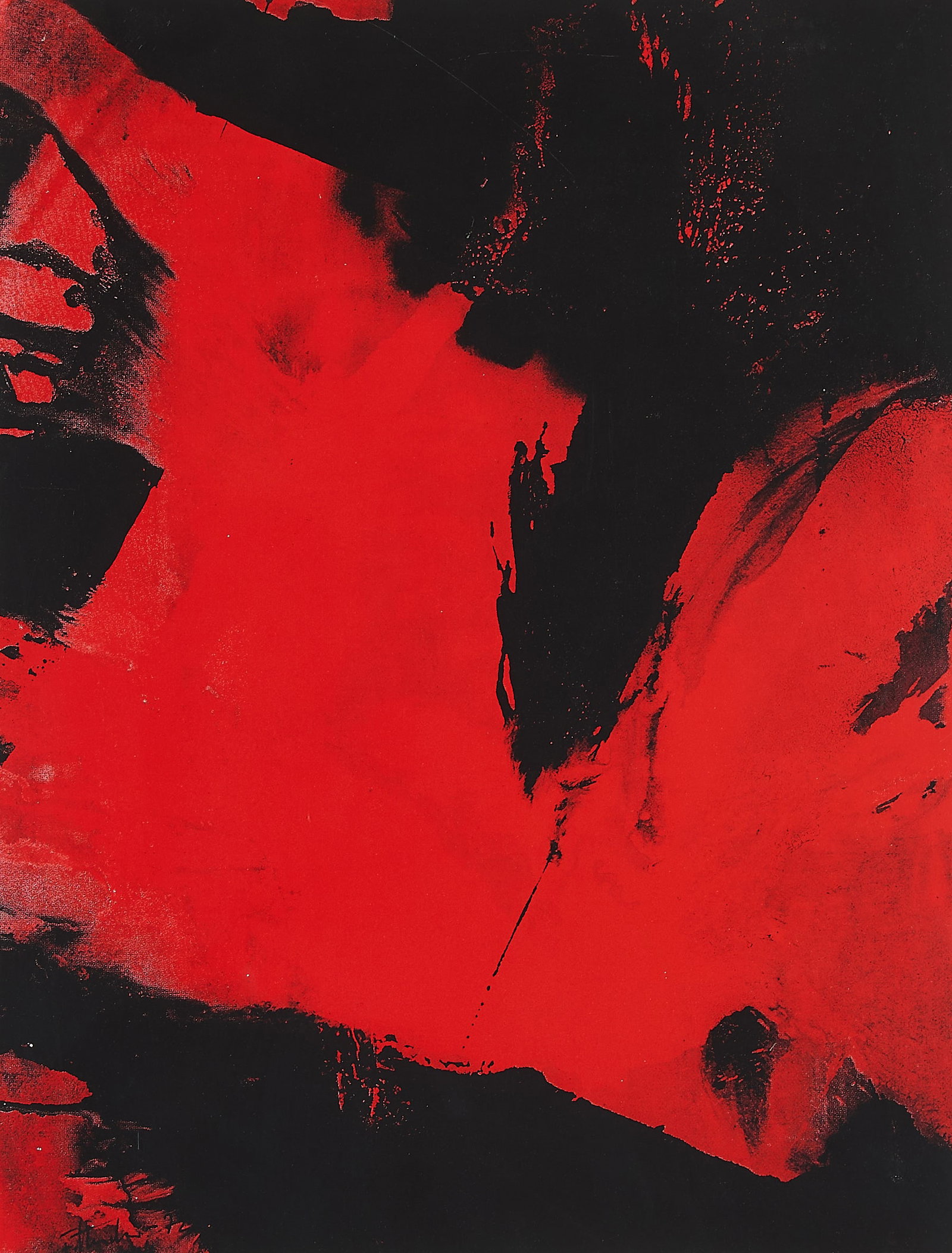 Fred Thieler "I.M. Silk" Silkscreen 1973: Fred Thieler (German, 1916-1999). Silkscreen print on paper titled "I.M. Silk," depicting vibrant red and black abstract motifs, 1973. Pencil signed and dated pencil along the lower right; titled and