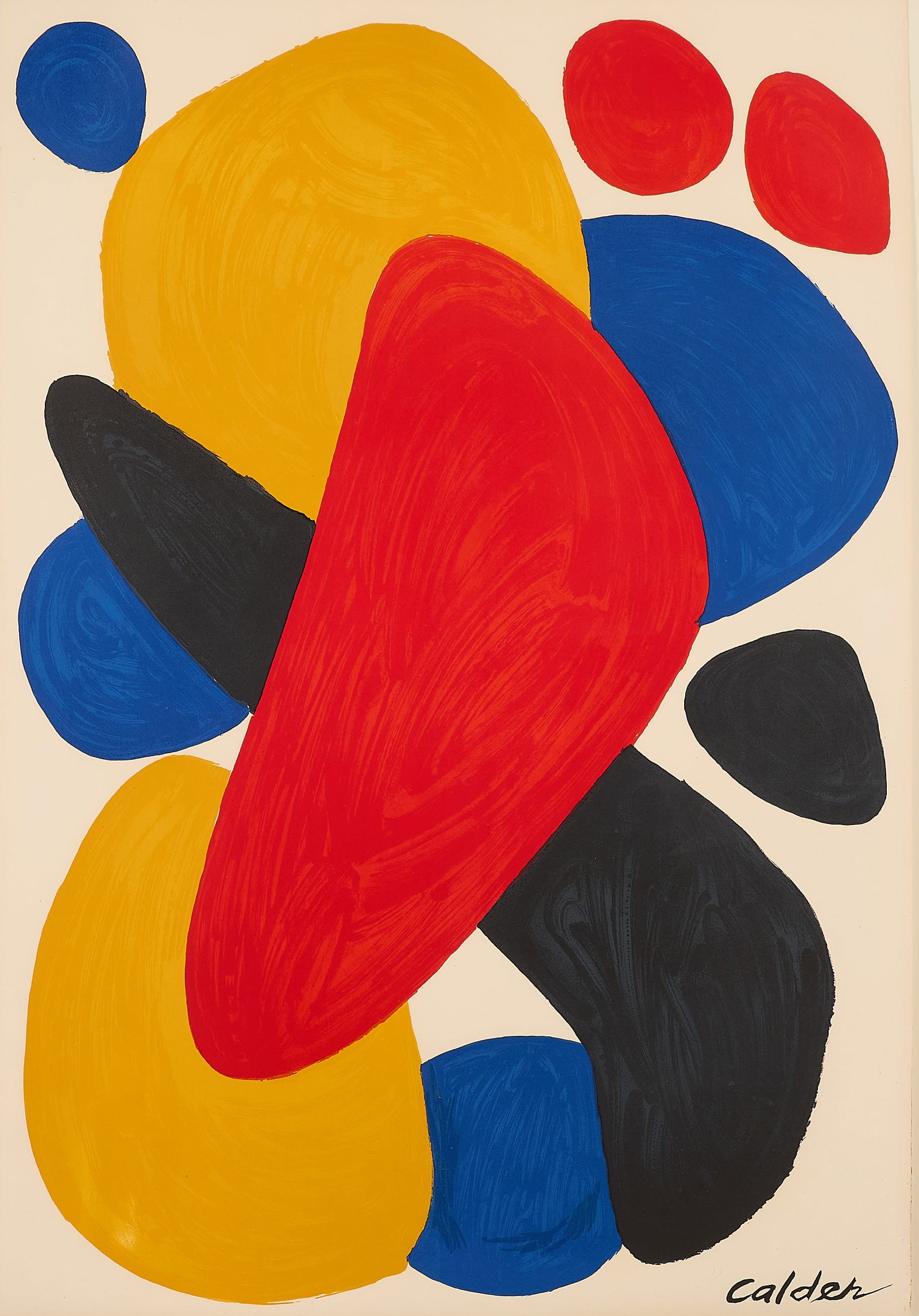 Alex Calder "Boomerang" Screenprint 1974: Alexander Calder (American, 1898-1976). Serigraph print titled "Boomerang," 1974. Depicting various layered geometric forms rendered in vibrant colors against a white ground. Initialed and dated in