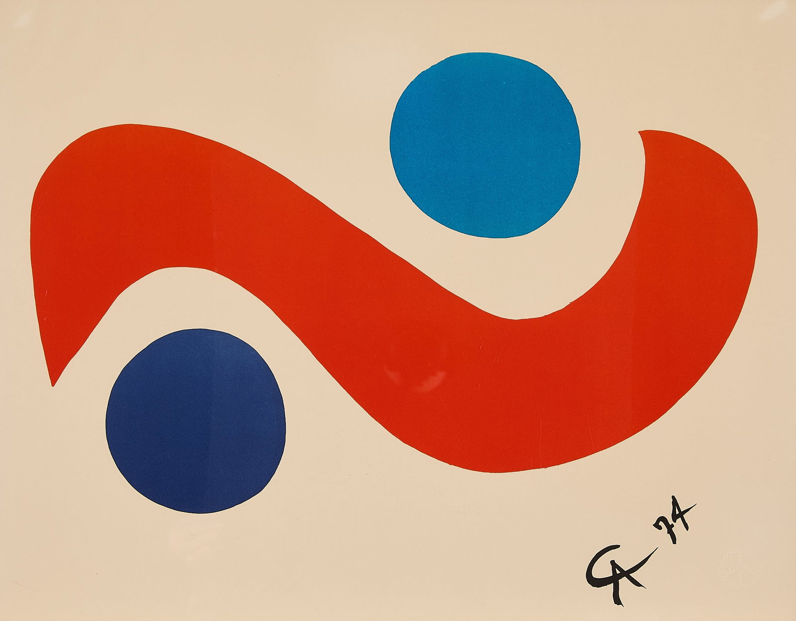 Alex Calder "Skybird" Serigraph 1975: Alexander Calder (American, 1898-1976). Serigraph print on paper titled "Skybird," 1974. Depicting two vibrant blue circles positioned along either side of a sinuous geometric form rendered in red