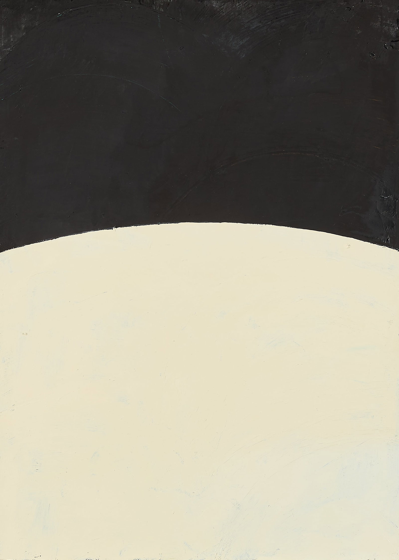 Stuart Nielsen Geometric Oil Painting: Stuart Nielsen (American, b. 1947). Oil on canvas painting depicting a minimalist curving white void below a stark black canvas. Unframed; height: 28 in x width: 20 in. Framed; height: 29 1/2 in x